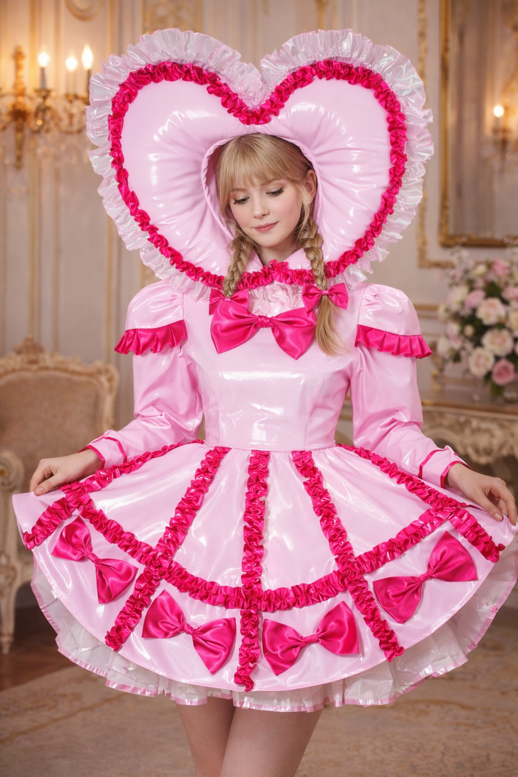 Baby Pink Thin PVC Sissy Maid Hooded Dress Bodysuit Lockable Romper– Custom Made G3791