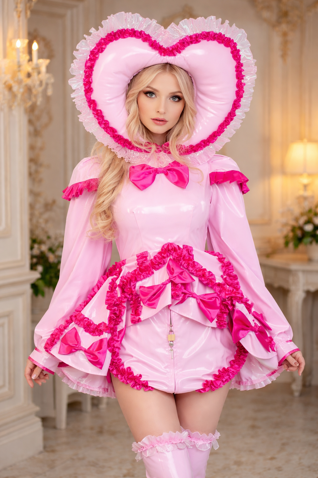 Baby Pink Thin PVC Sissy Maid Hooded Dress Bodysuit Lockable Romper– Custom Made G3791
