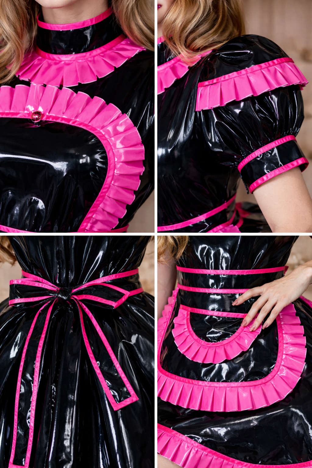 Black Thin PVC Sissy Maid Dress Set Lockable with Apron & Headband – Custom Made G3792