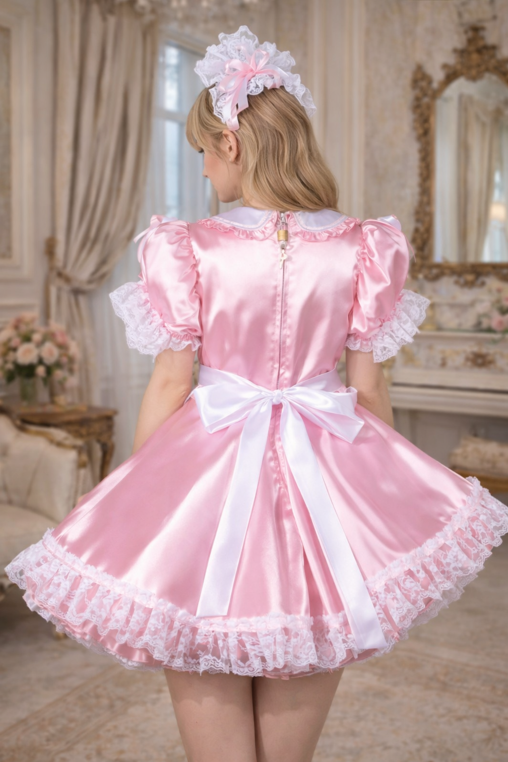 Baby Pink Satin Sissy Maid Dress Set Lockable with Apron – Custom Made G3793