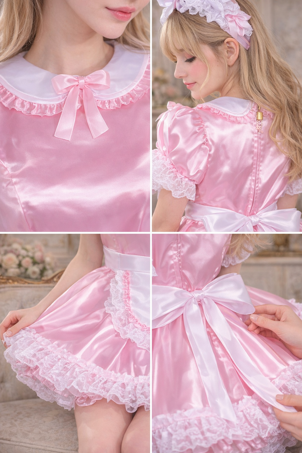 Baby Pink Satin Sissy Maid Dress Set Lockable with Apron – Custom Made G3793