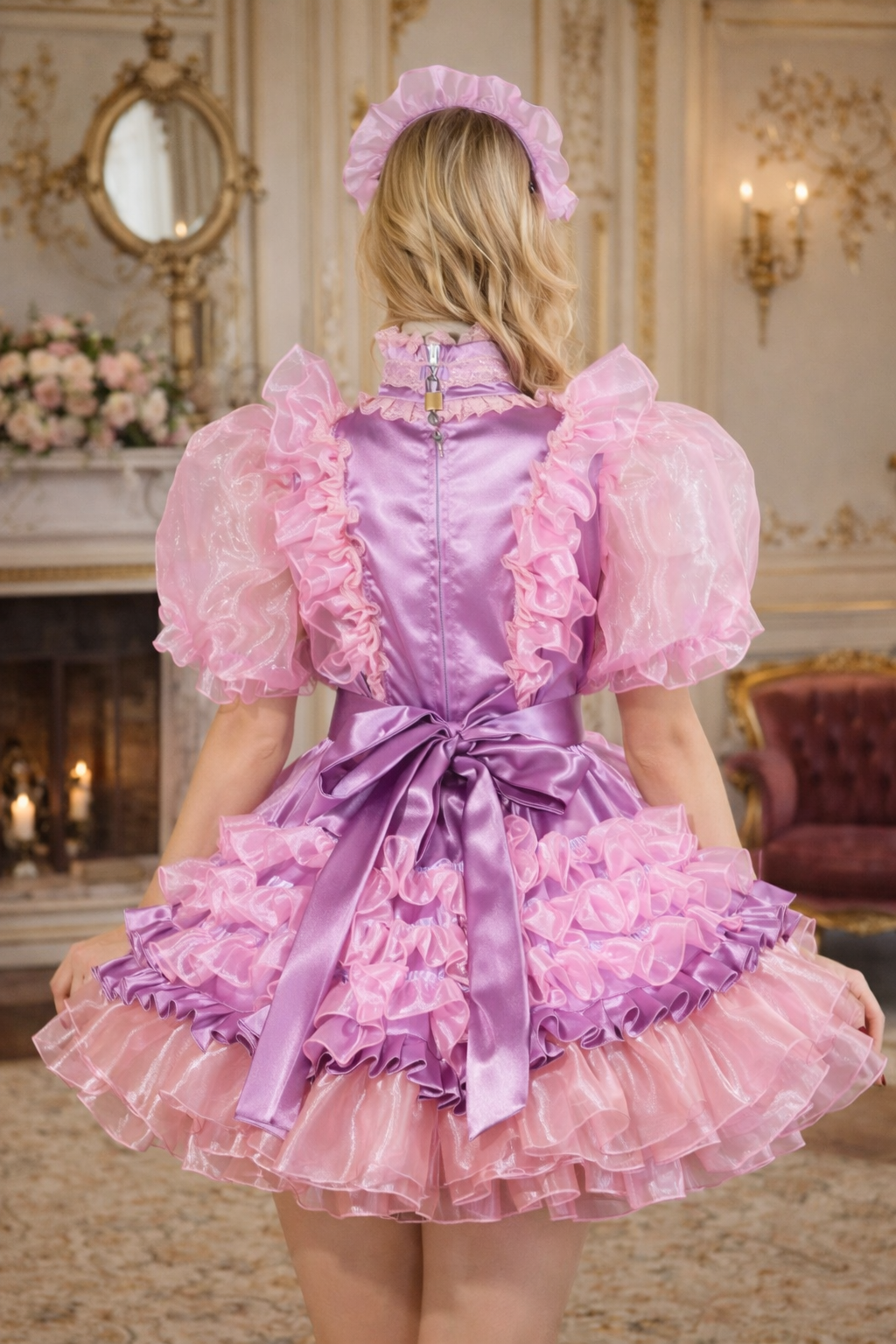 Ensemble robe de soubrette « Sissy » en organza de satin rose et lilas, avec tablier et bandeau, verrouillable – Fait sur mesure G3799