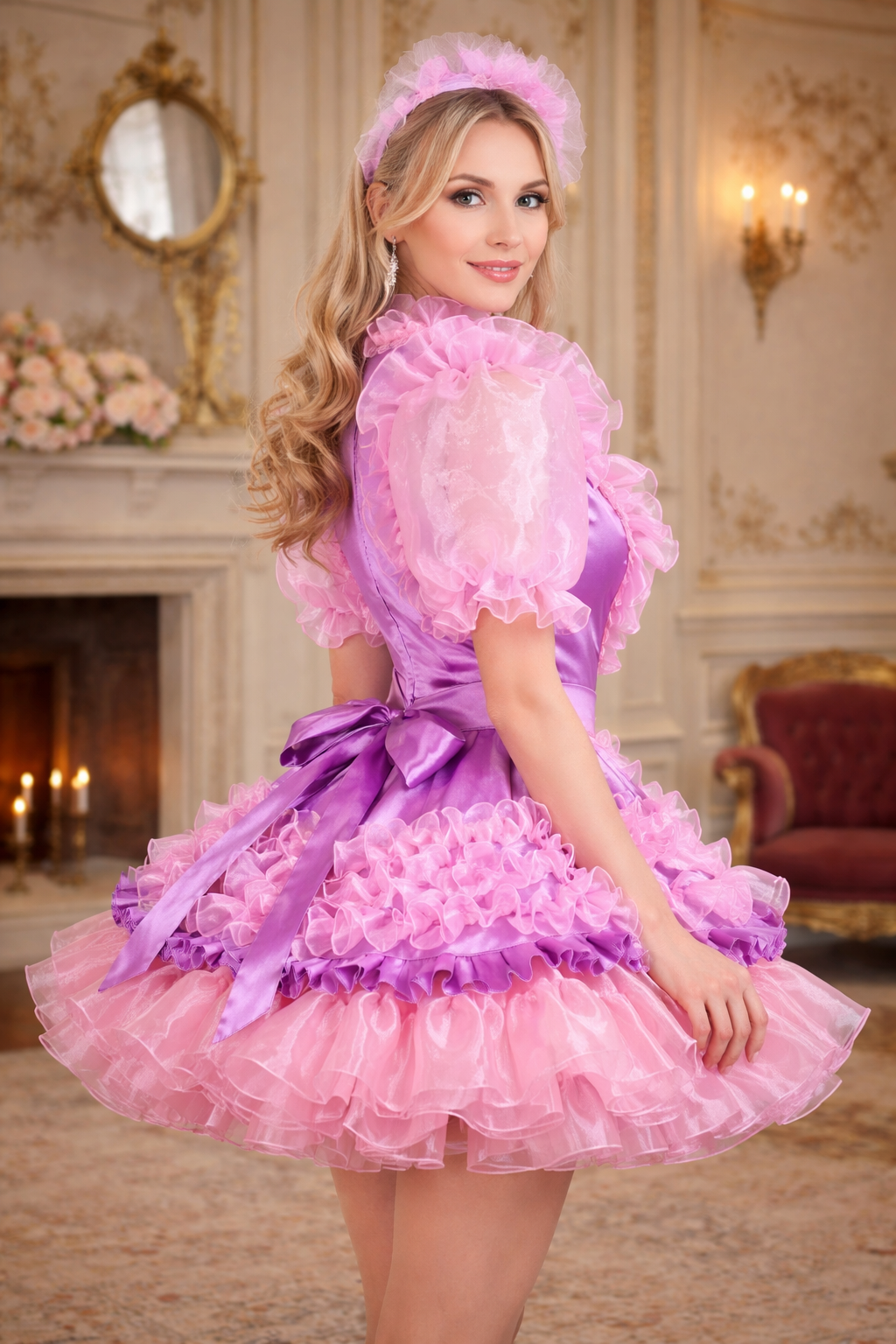 Ensemble robe de soubrette « Sissy » en organza de satin rose et lilas, avec tablier et bandeau, verrouillable – Fait sur mesure G3799