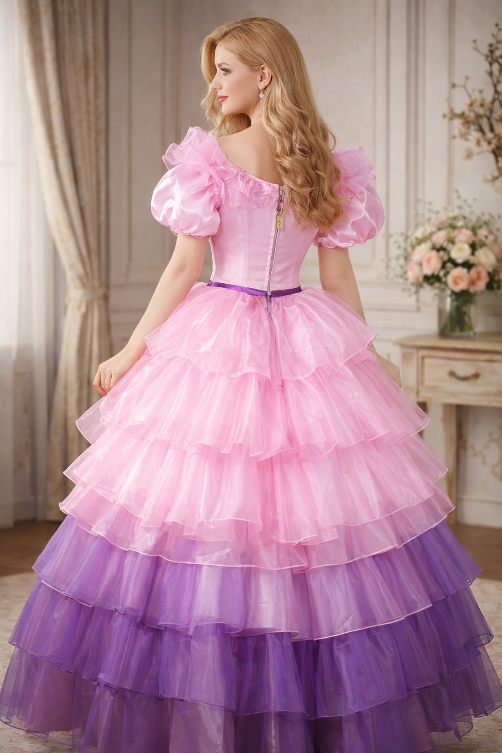 Robe de soubrette de sissy en satin rose layette et organza, verrouillable – Sur mesure G3802