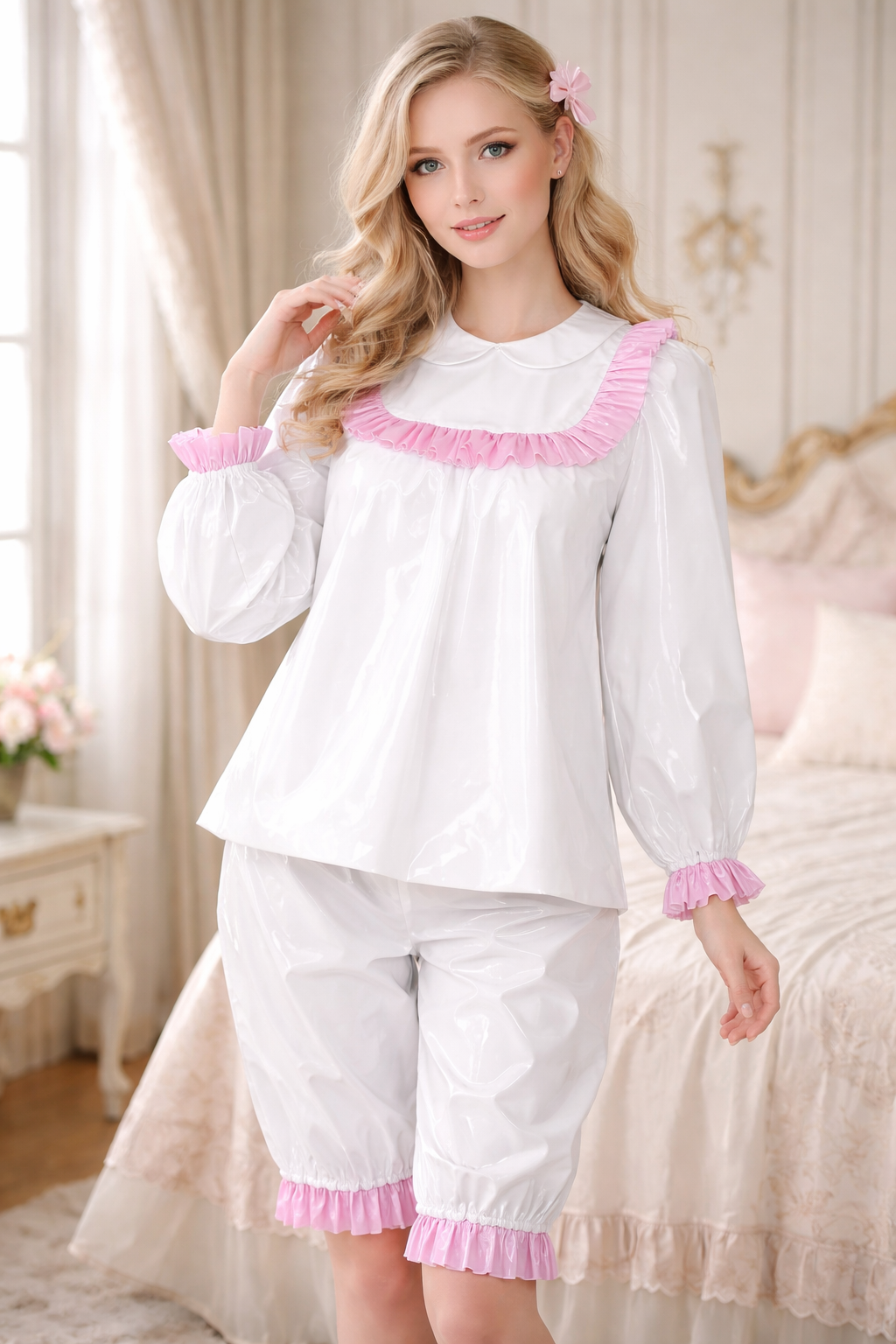 Ensemble blouse et short de soubrette en PVC blanc fin, verrouillable – Sur mesure G3804