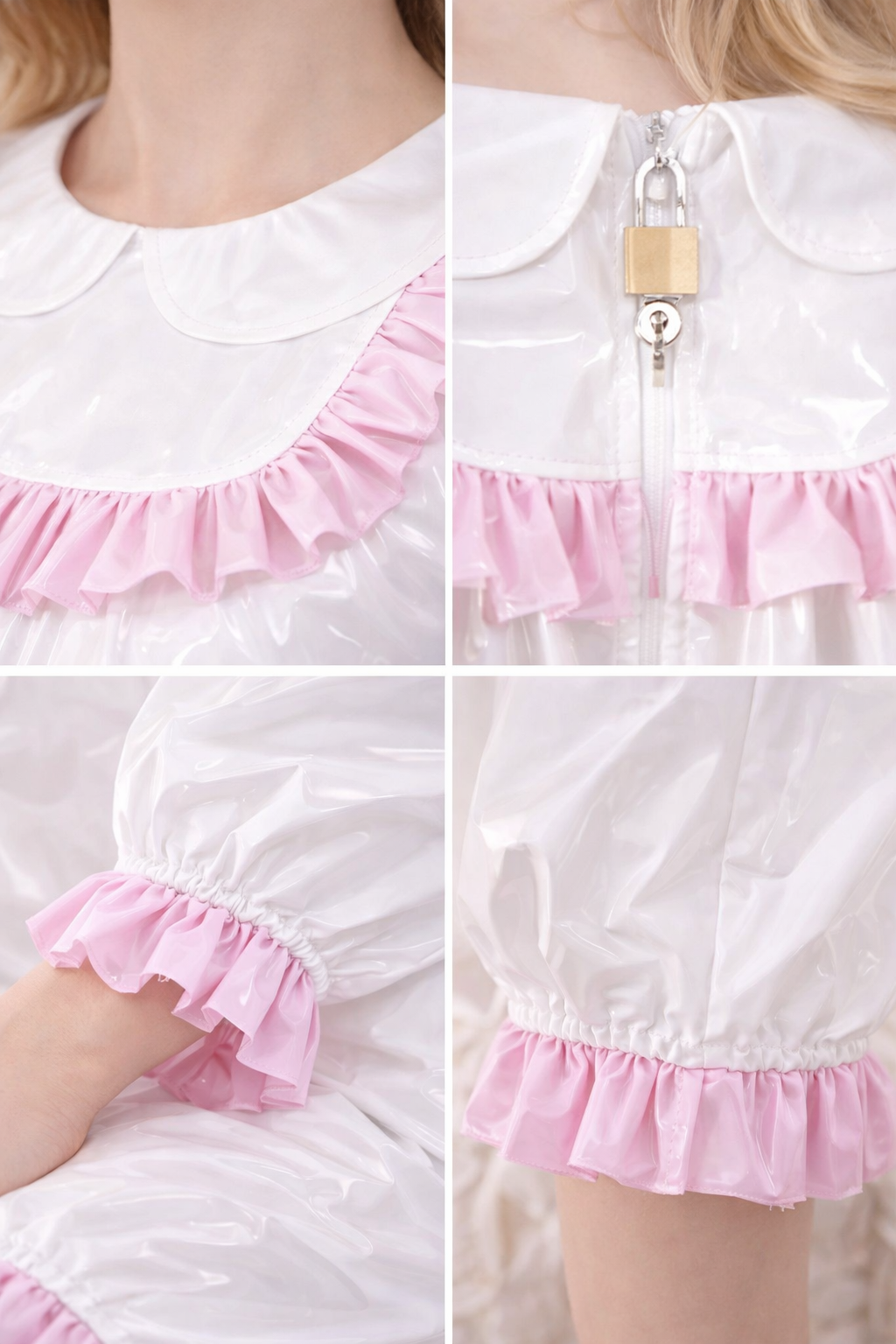 Ensemble blouse et short de soubrette en PVC blanc fin, verrouillable – Sur mesure G3804