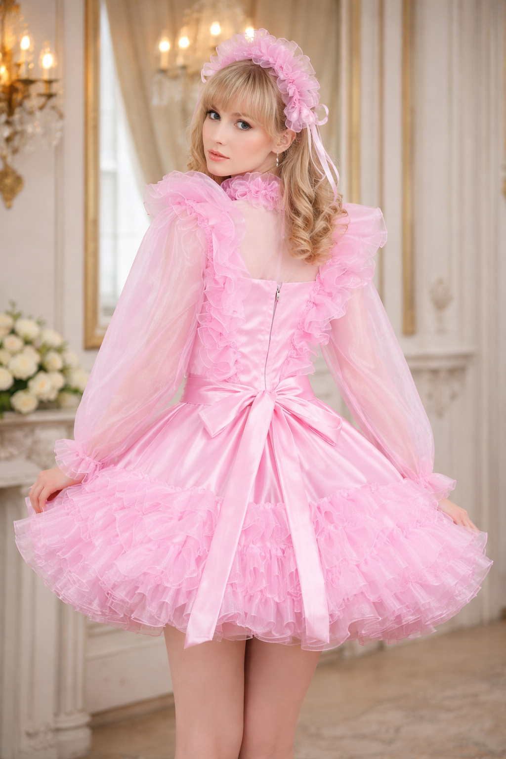 Ensemble robe de soubrette sissy en satin organza rose bébé – Robe à volants à manches transparentes verrouillables avec tablier et coiffe, sur mesure G3821