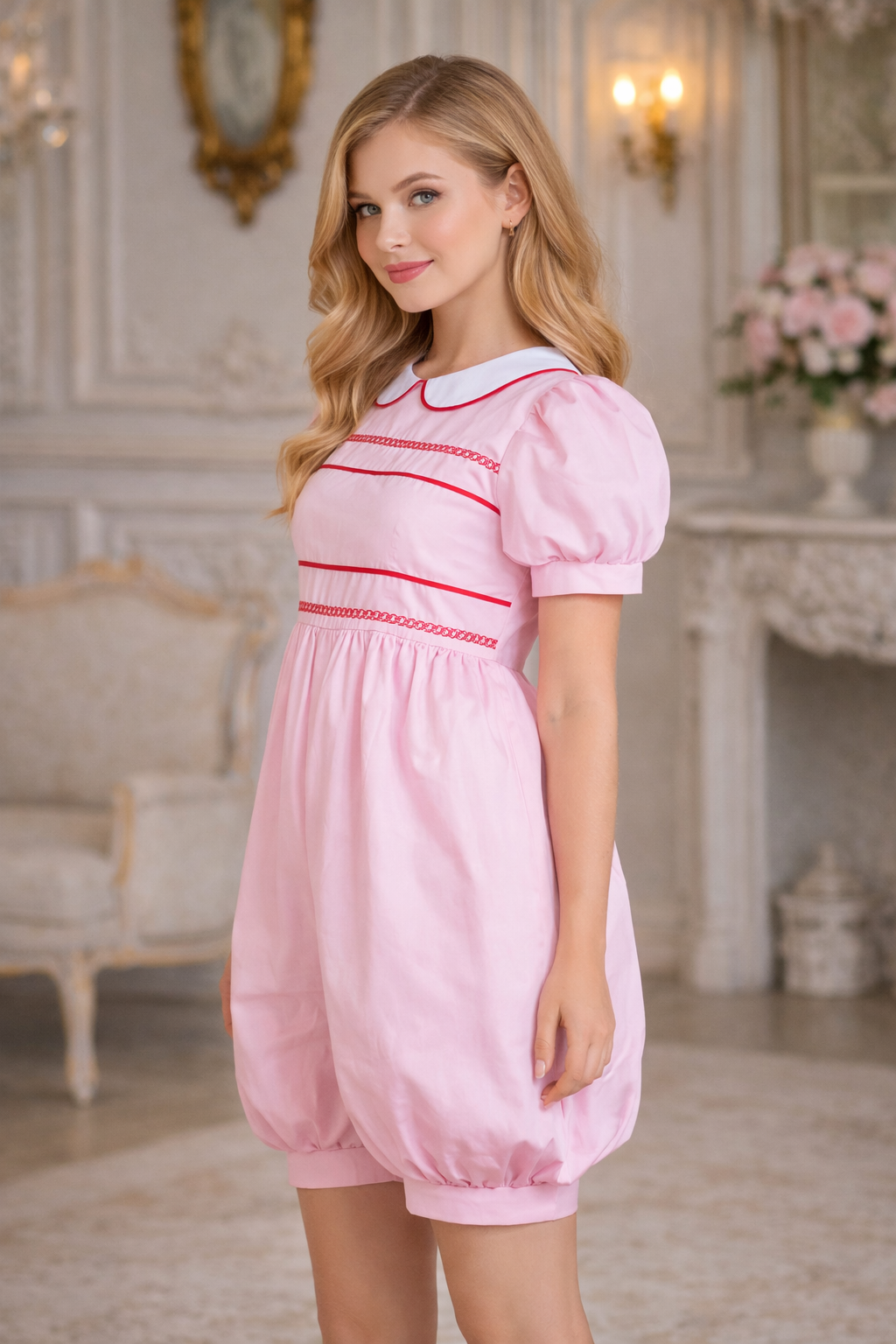 Baby Pink Cotton Sissy Maid Romper – Lockable Puff Sleeve One-Piece Playsuit Custom Made G3825