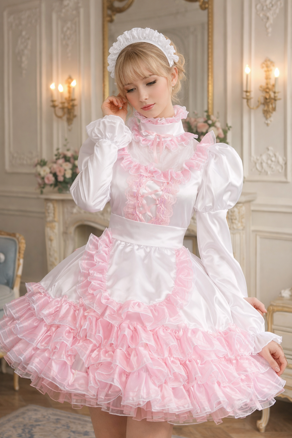 Ensemble robe de soubrette sissy en organza de satin blanc et rose – Robe à volants et manches bouffantes verrouillables, sur mesure G3826