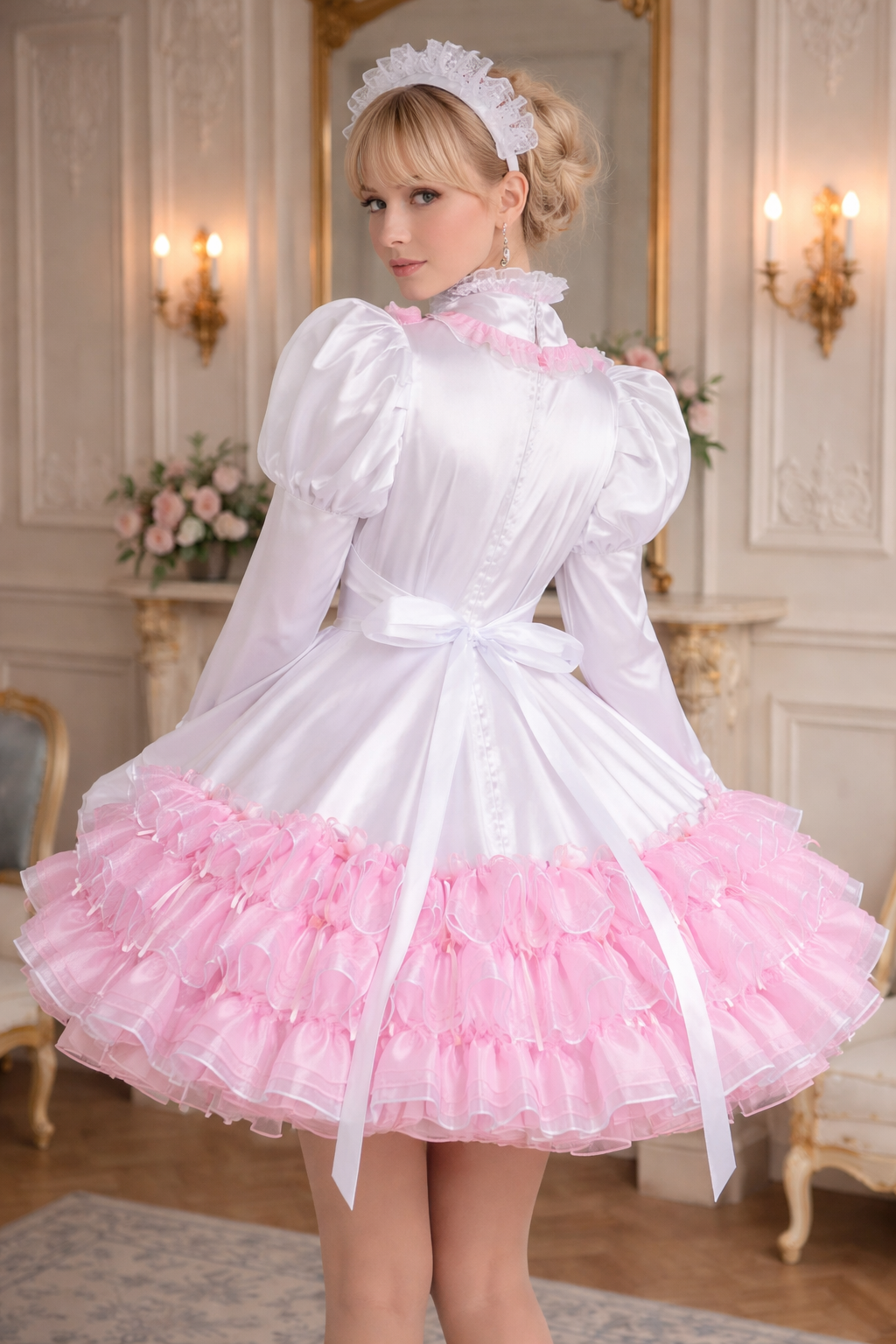 Ensemble robe de soubrette sissy en organza de satin blanc et rose – Robe à volants et manches bouffantes verrouillables, sur mesure G3826