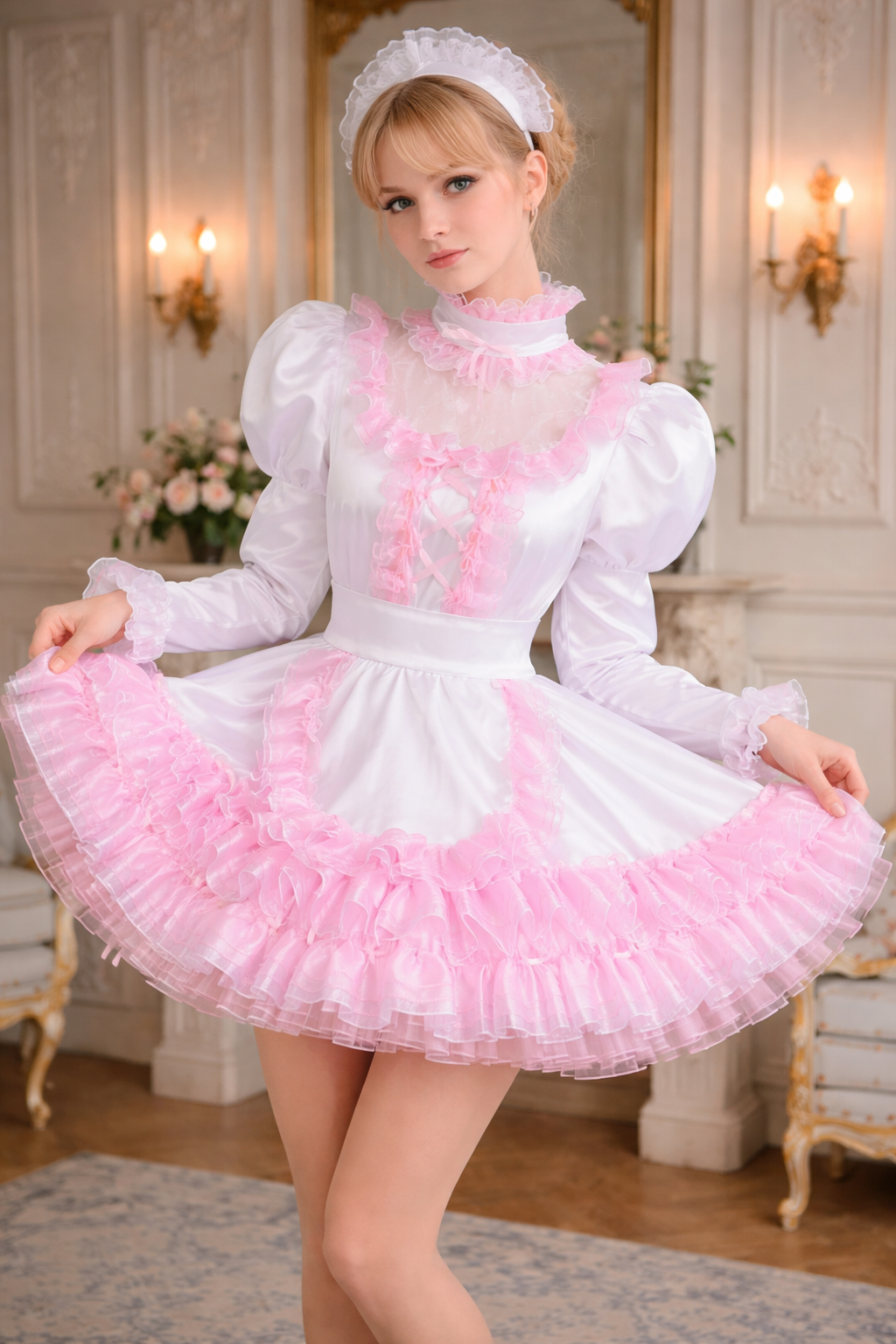 Ensemble robe de soubrette sissy en organza de satin blanc et rose – Robe à volants et manches bouffantes verrouillables, sur mesure G3826