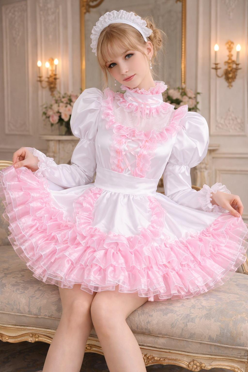Ensemble robe de soubrette sissy en organza de satin blanc et rose – Robe à volants et manches bouffantes verrouillables, sur mesure G3826