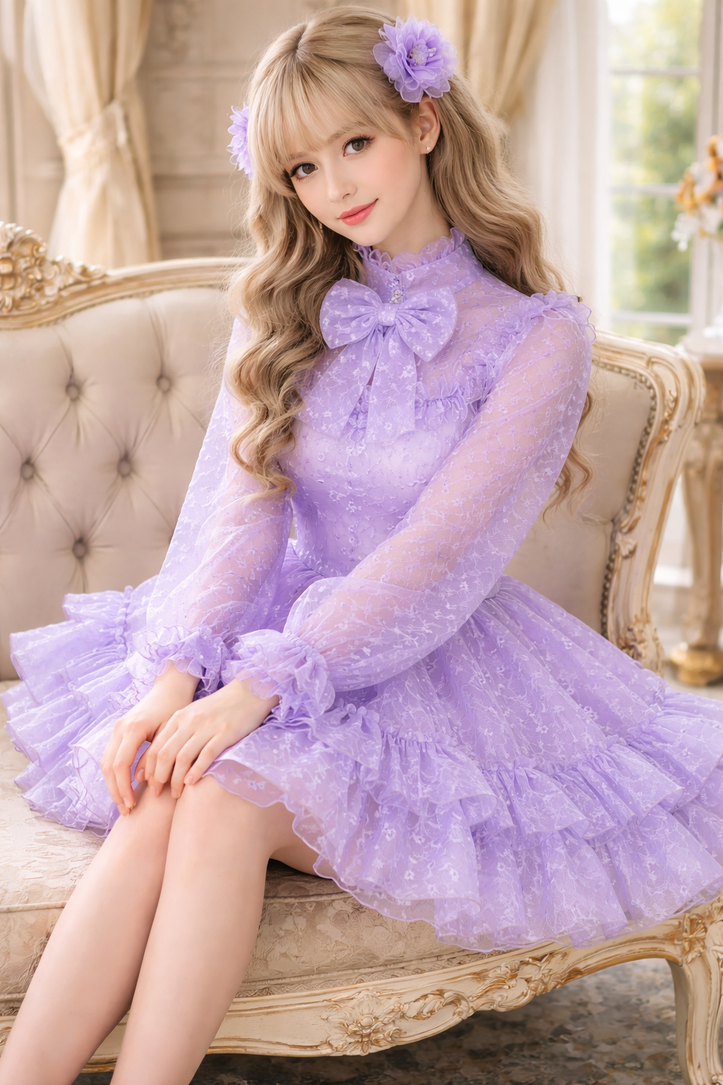 Robe de soubrette mauve en organza – Robe à volants et manches bouffantes, personnalisée G3828