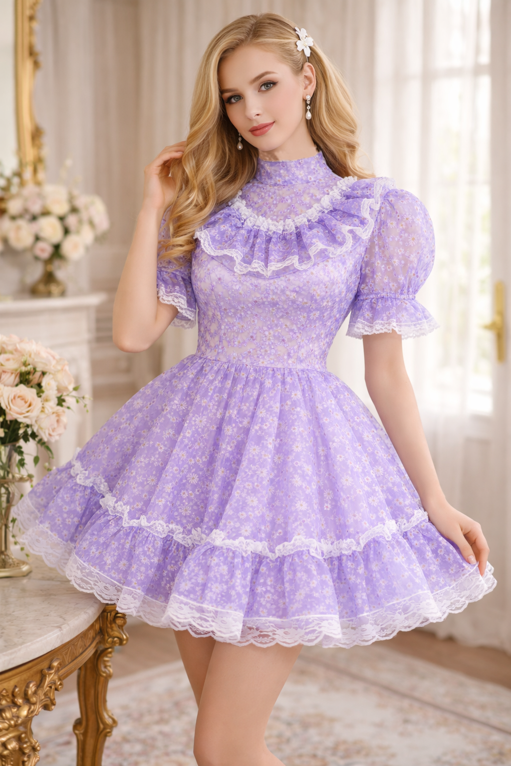 Robe de soubrette Sissy en organza violet – Robe transparente à manches bouffantes et volants, fermable à clé, sur mesure G3833