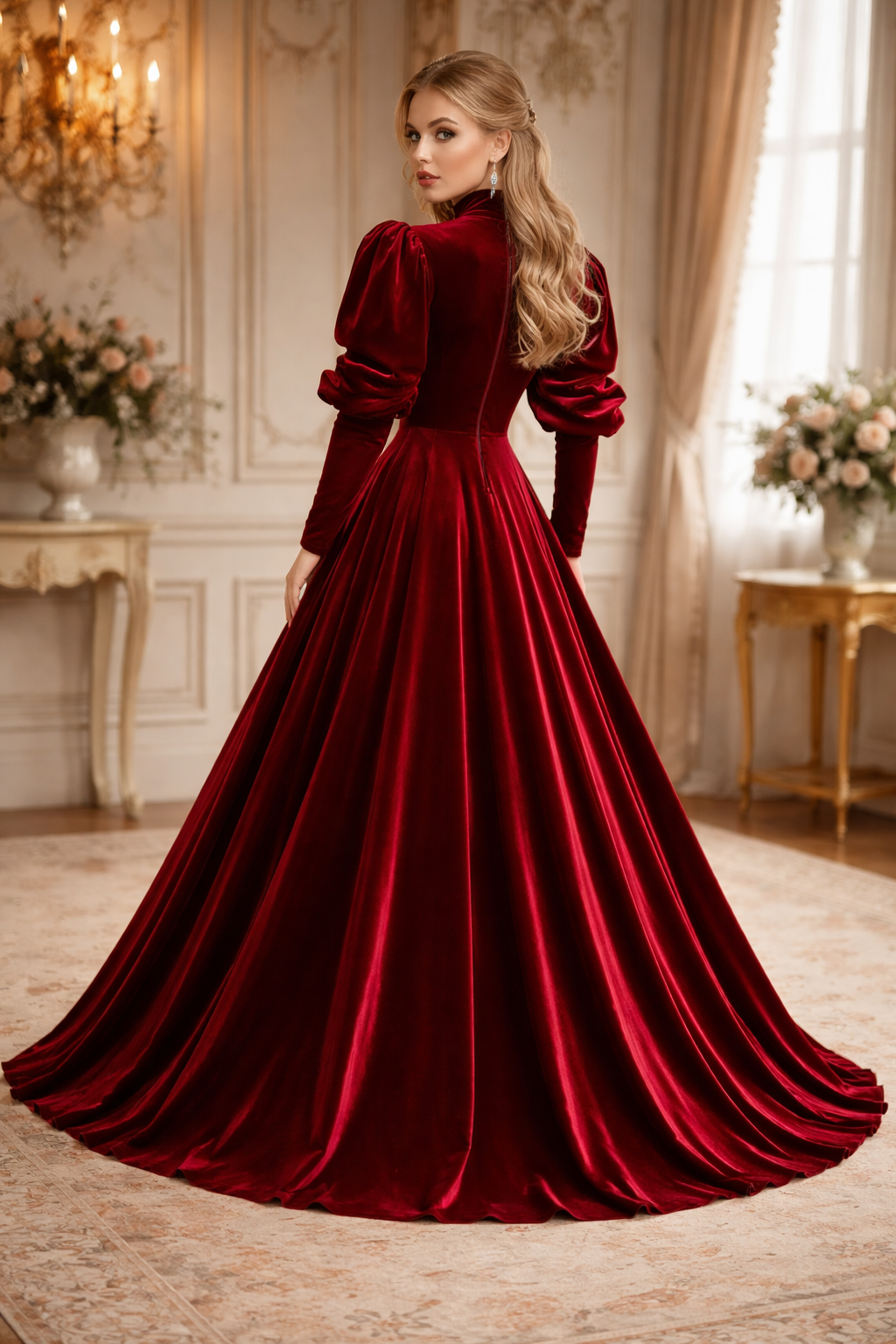Robe médiévale sissy en velours rouge foncé – Sur mesure G3849