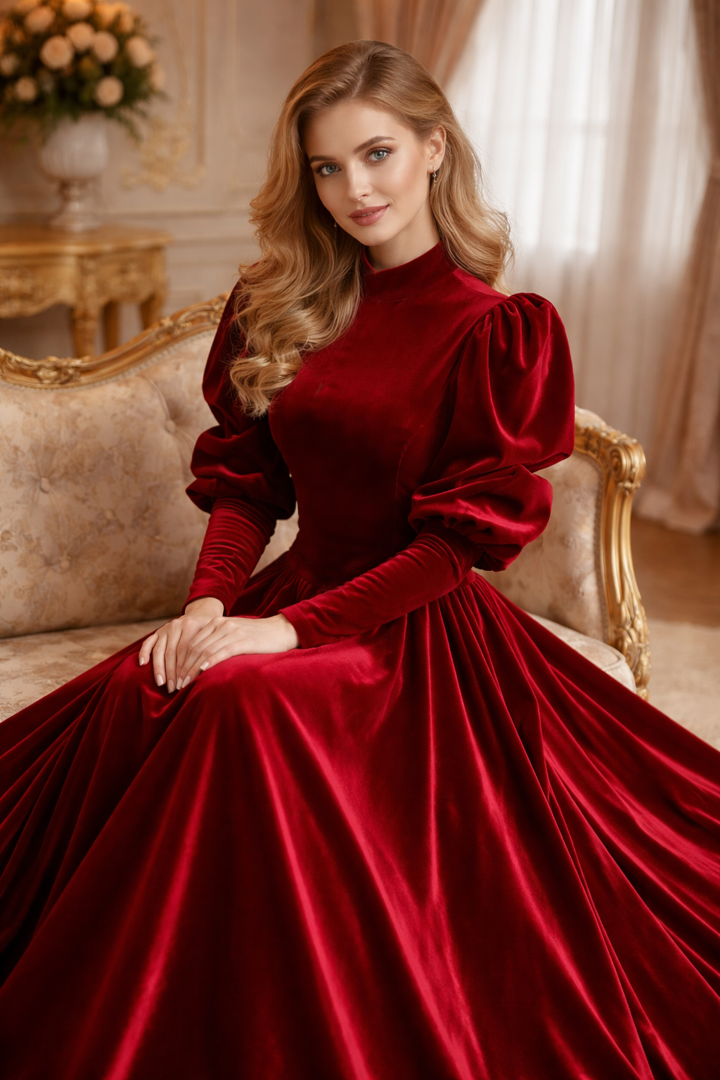 Robe médiévale sissy en velours rouge foncé – Sur mesure G3849