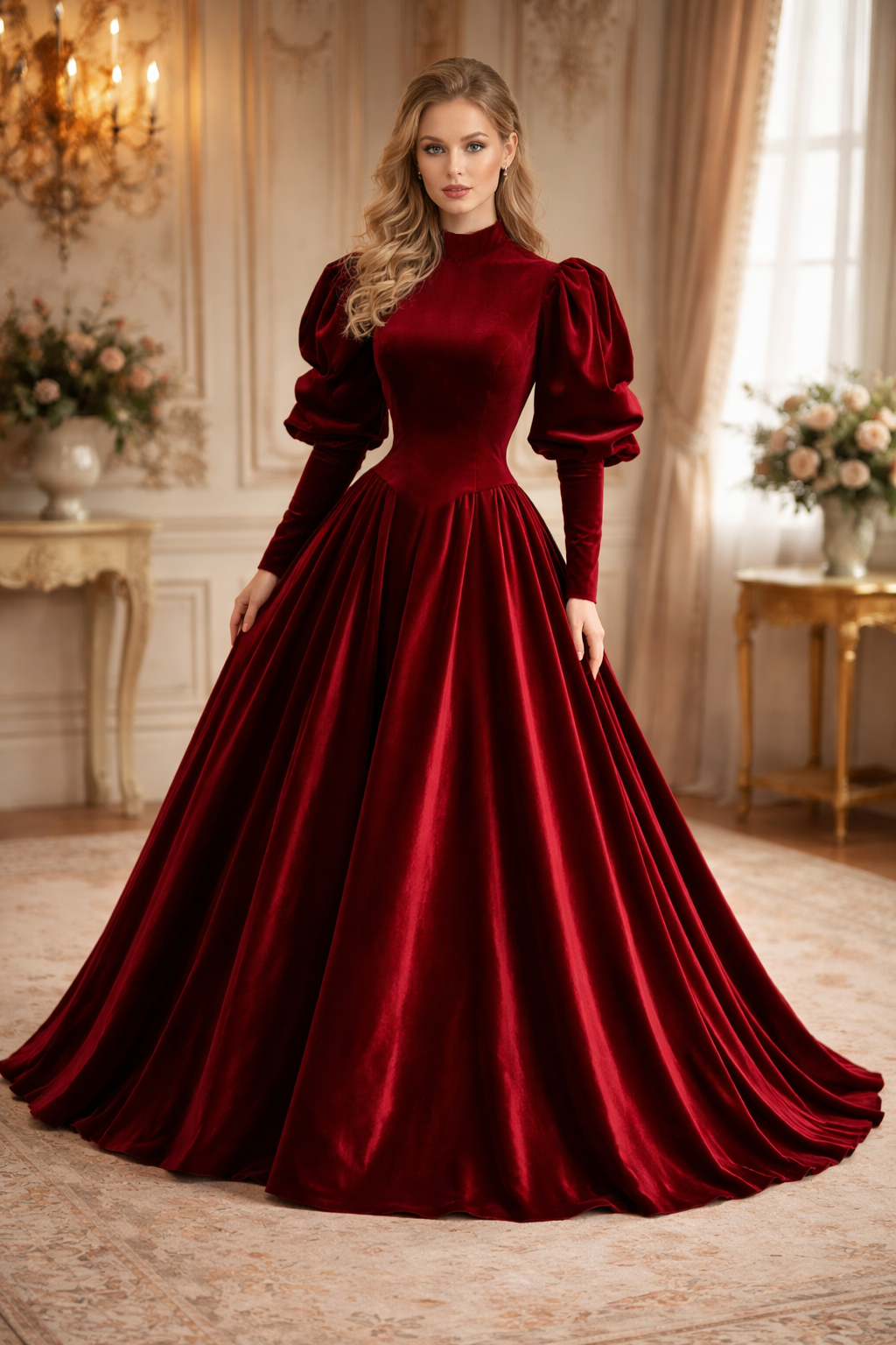 Robe médiévale sissy en velours rouge foncé – Sur mesure G3849