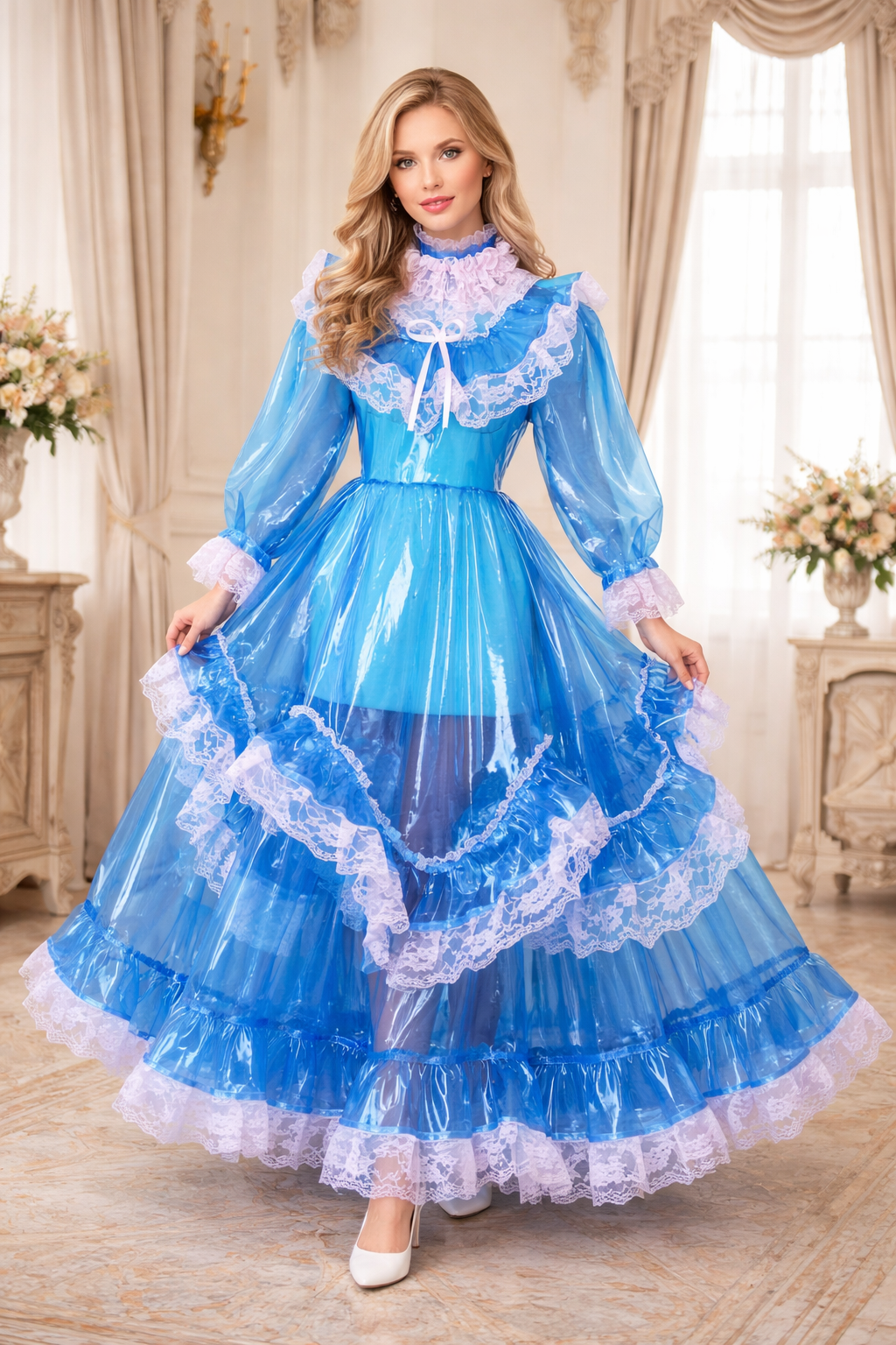 Robe longue de soubrette en PVC transparent bleu, verrouillable – Sur mesure G3850