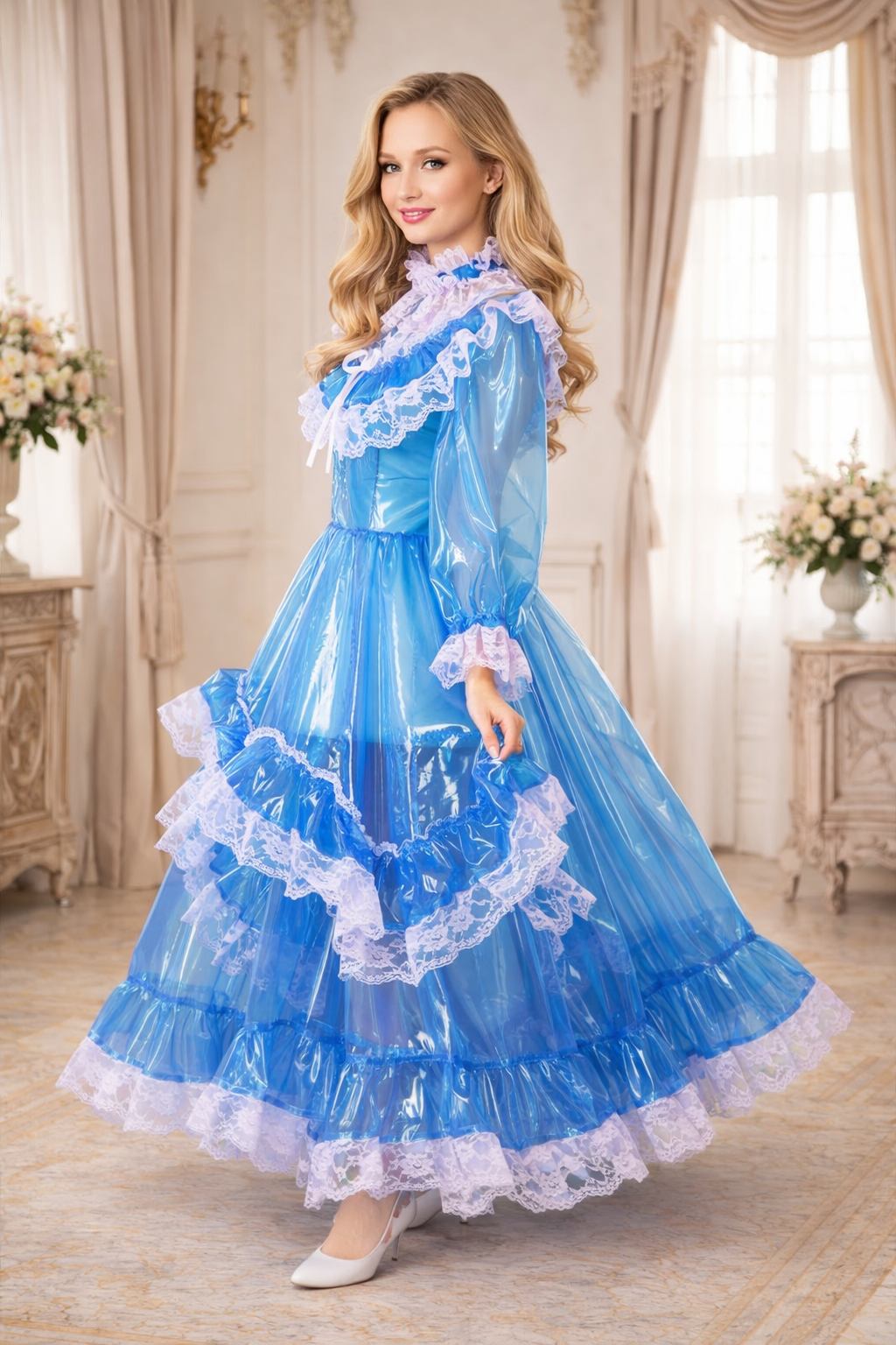 Robe longue de soubrette en PVC transparent bleu, verrouillable – Sur mesure G3850