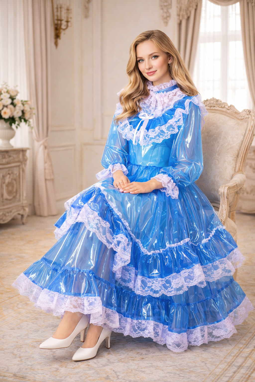 Blue Clear PVC Sissy Maid Long Dress Lockable – Custom Made G3850