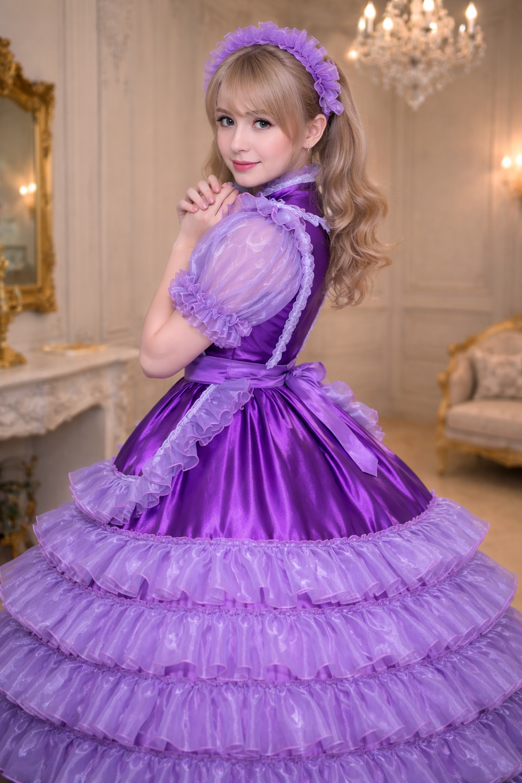Robe de soubrette satin & organza violette complète avec tablier & bandeau verrouillable – Sur mesure G3851