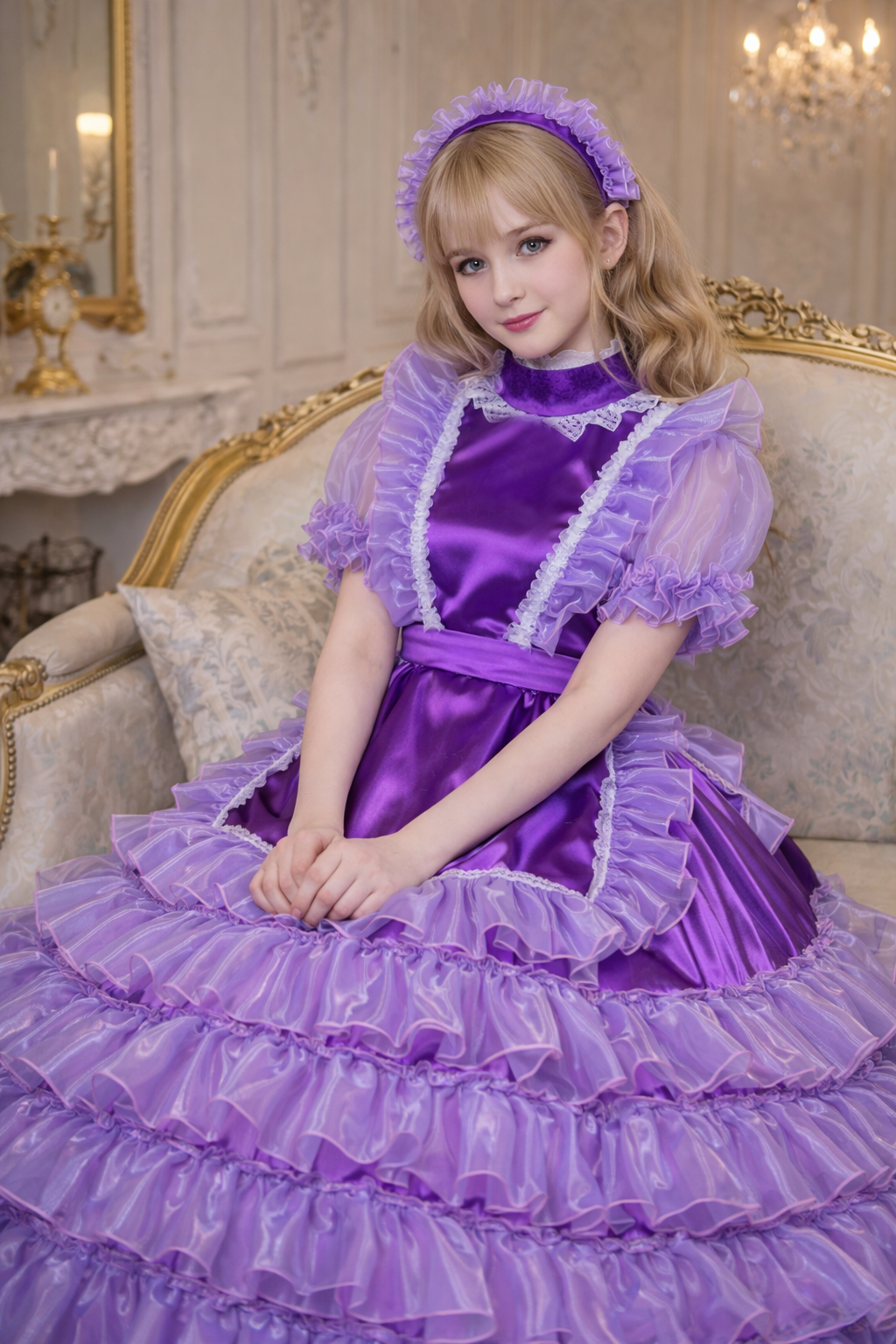 Robe de soubrette satin & organza violette complète avec tablier & bandeau verrouillable – Sur mesure G3851
