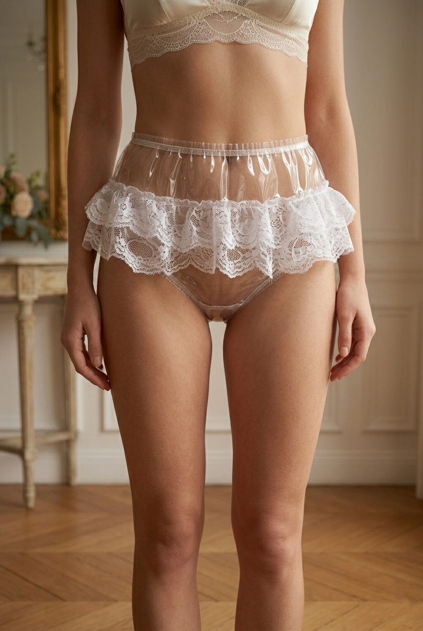 White Clear PVC Sissy Maid Lace Trim Panties – Custom Made G3854