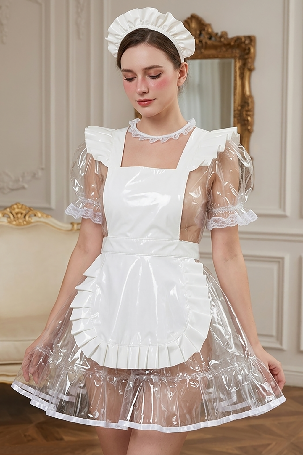 White Clear PVC Sissy Maid Dress Full Set with Apron & Headband Lockable – Custom Made G3856