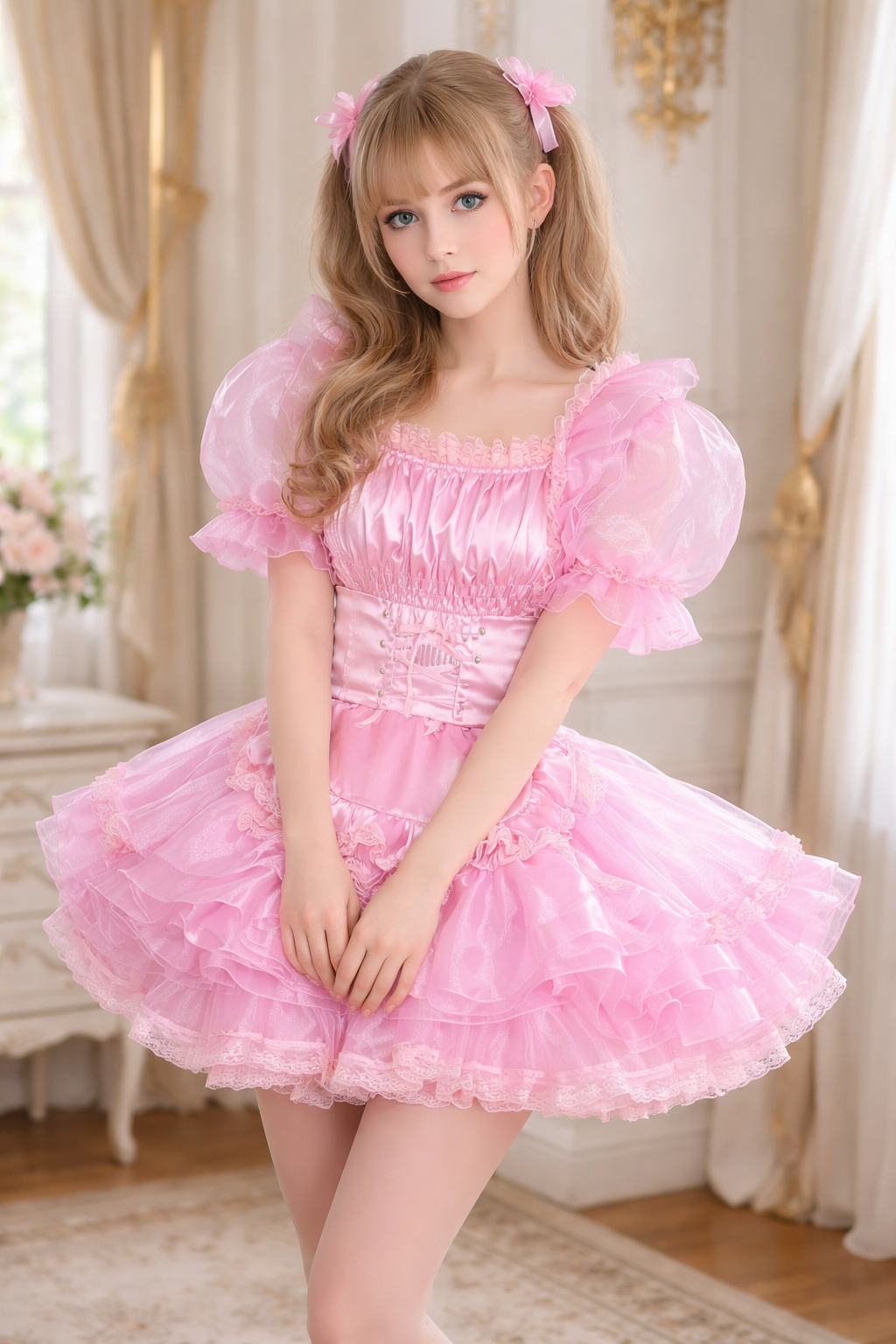 Robe de soubrette Sissy en satin et organza rose pâle avec tablier verrouillable – Sur mesure G3860
