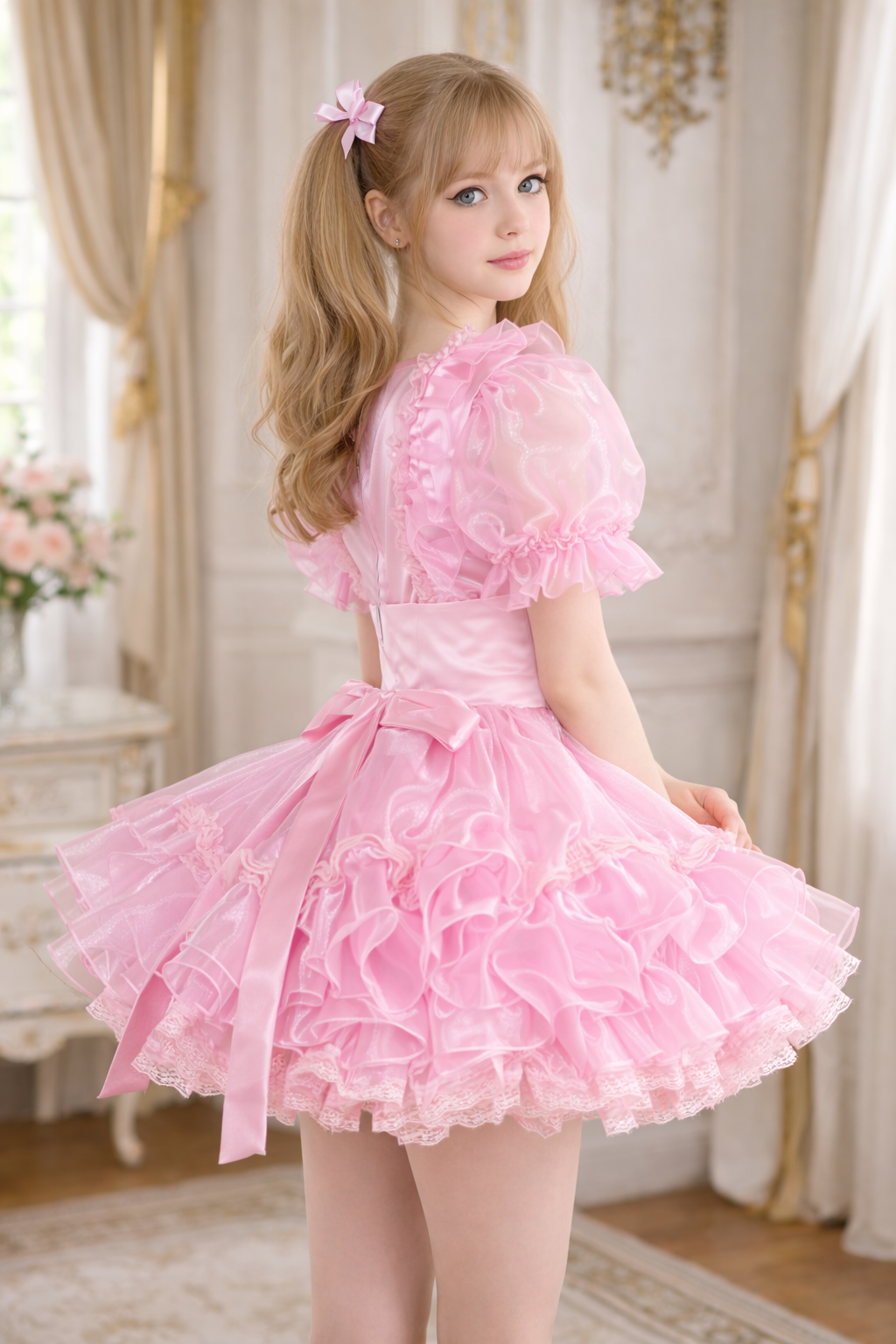 Robe de soubrette Sissy en satin et organza rose pâle avec tablier verrouillable – Sur mesure G3860