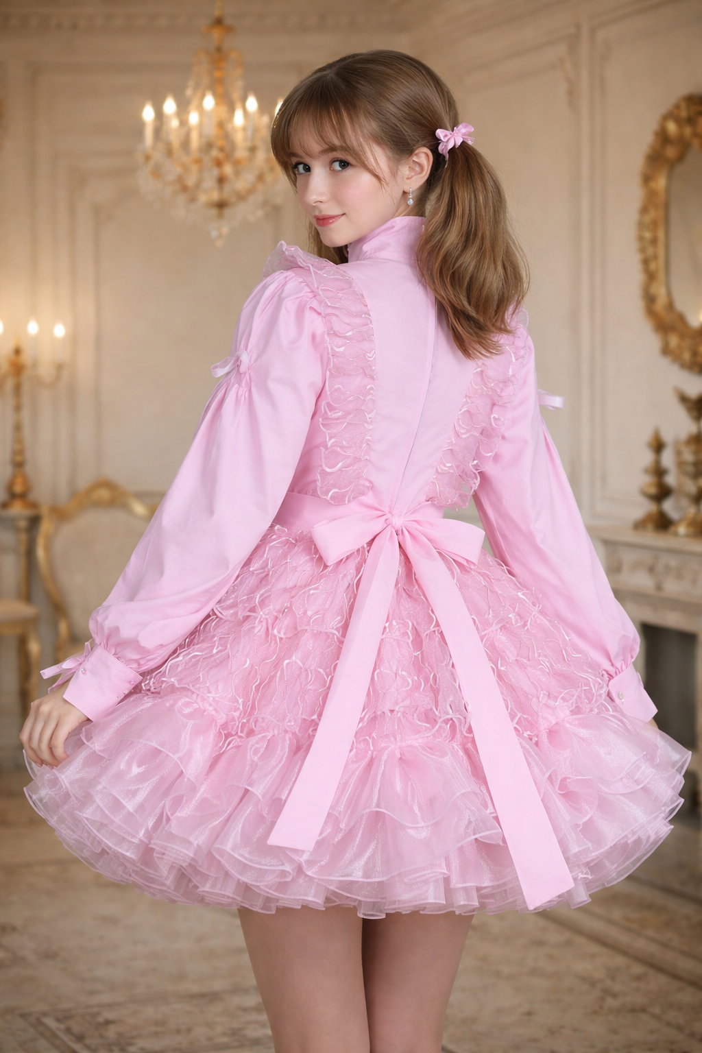 Robe de femme de chambre sissy en coton et organza rose pâle avec tablier et fermeture (G3862)