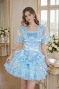 Robe de soubrette « Sissy » en satin et organza bleu bébé avec tablier, fermable à clé – Sur mesure G3866