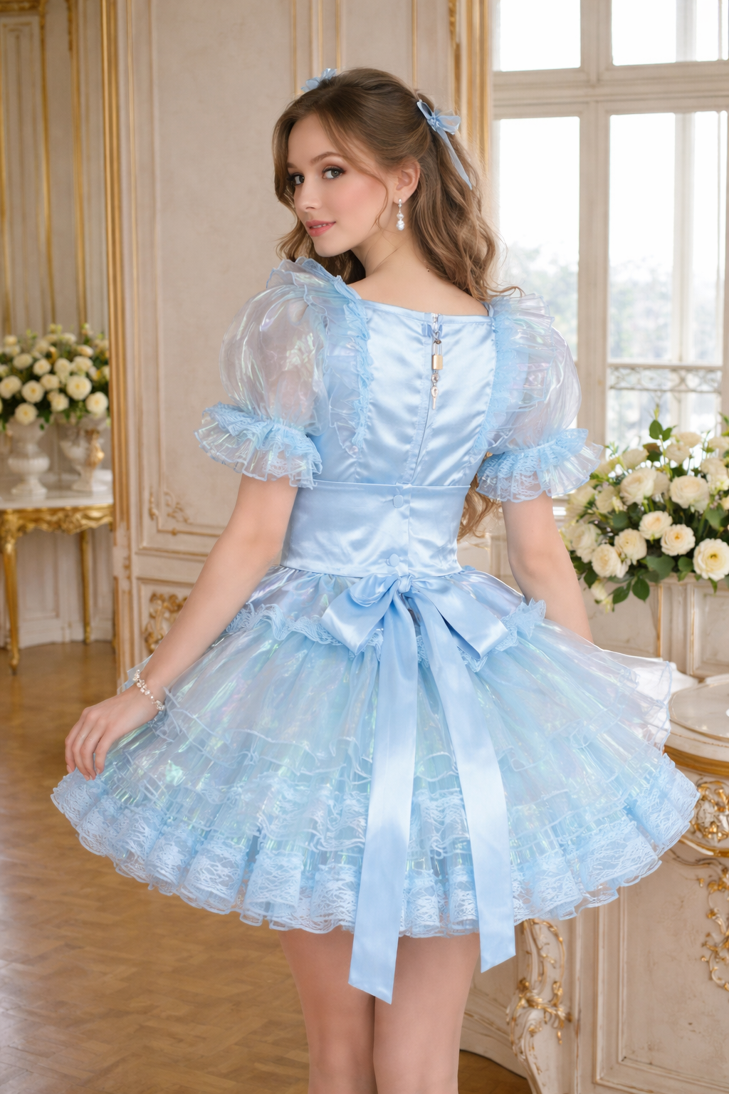 Robe de soubrette « Sissy » en satin et organza bleu bébé avec tablier, fermable à clé – Sur mesure G3866