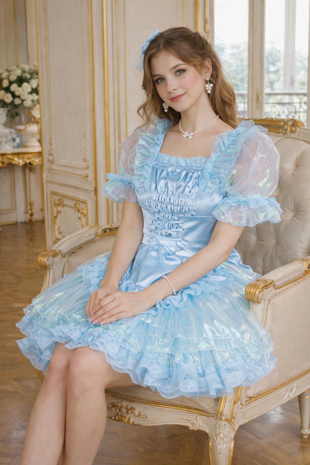 Robe de soubrette « Sissy » en satin et organza bleu bébé avec tablier, fermable à clé – Sur mesure G3866