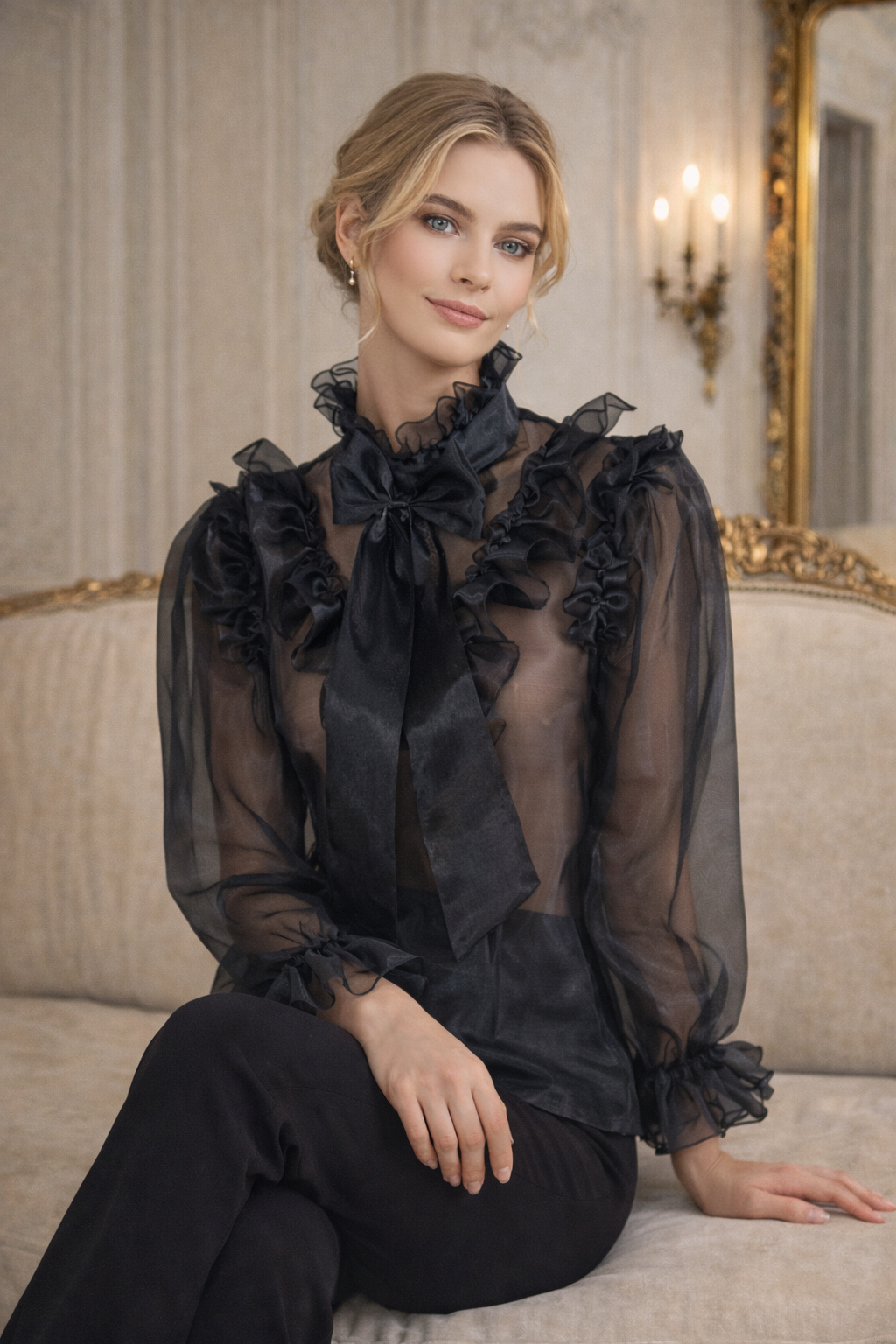 Chemisier de soubrette noire en organza avec serrure – Fabriqué sur mesure G3870