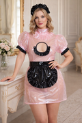 Robe de Soubrette Sissy Rose Bébé en PVC Transparent avec Tablier et Bandeau Verrouillable – Fabrication sur Mesure G3874