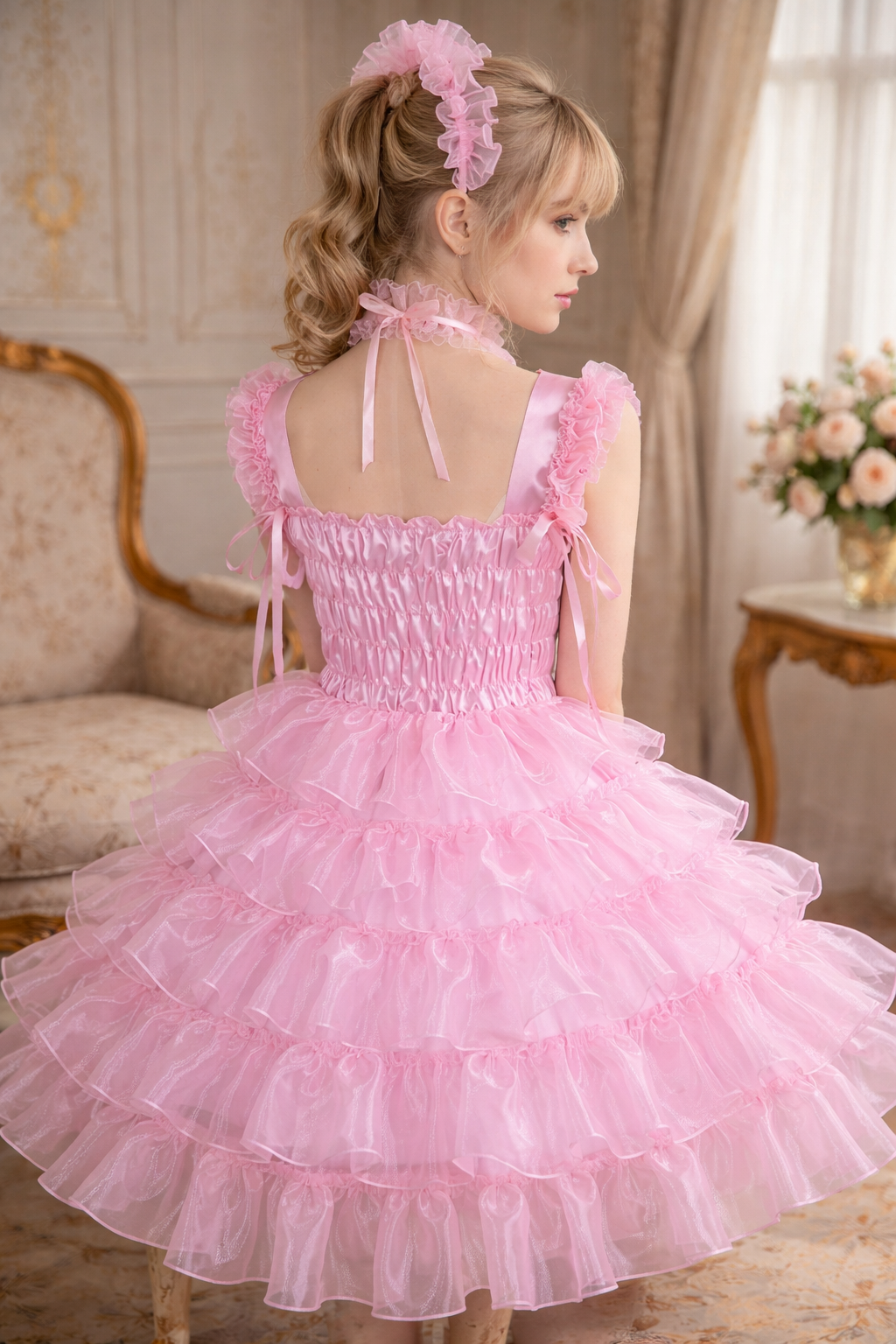 Robe de soubrette sissy en satin et organza rose bébé avec bandeau – Sur mesure G3875