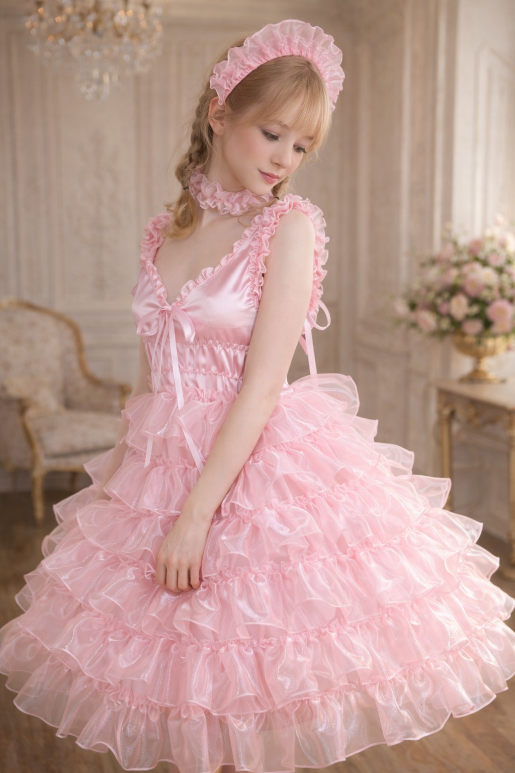 Robe de soubrette sissy en satin et organza rose bébé avec bandeau – Sur mesure G3875