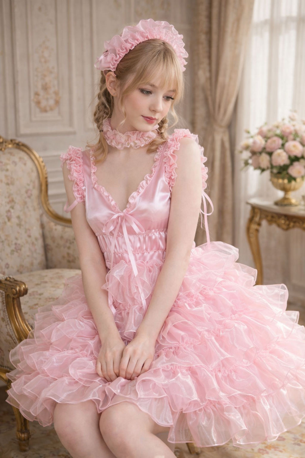 Robe de soubrette sissy en satin et organza rose bébé avec bandeau – Sur mesure G3875