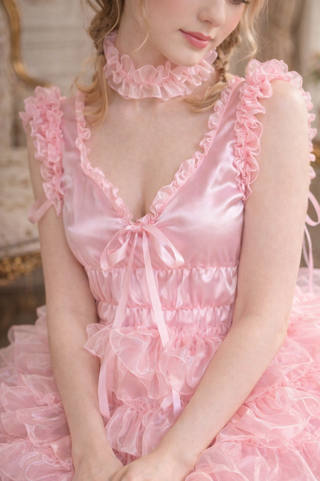 Robe de soubrette sissy en satin et organza rose bébé avec bandeau – Sur mesure G3875