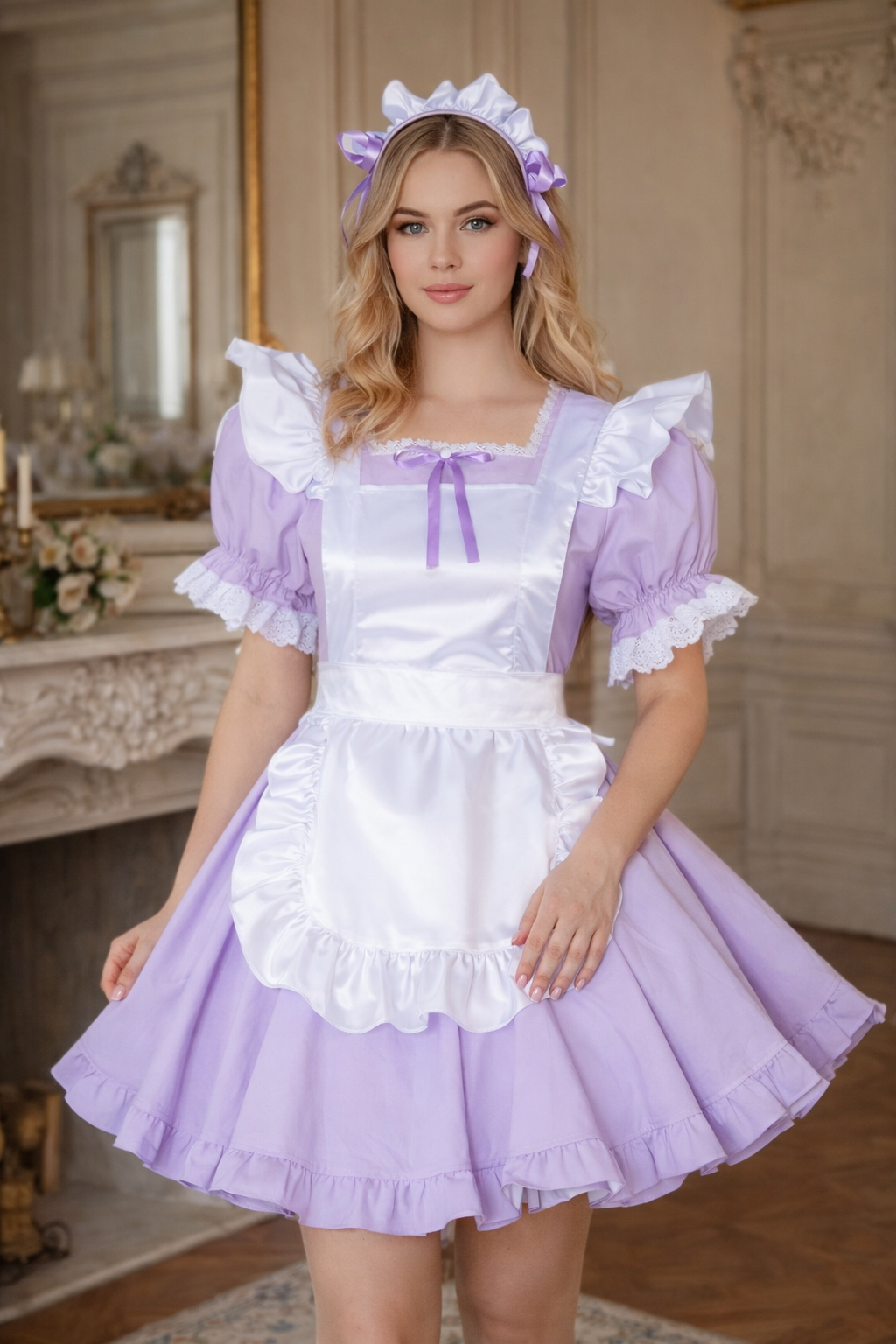Lilac Cotton Sissy Maid Dress with Apron & Headband Lockable – Custom Made G3881