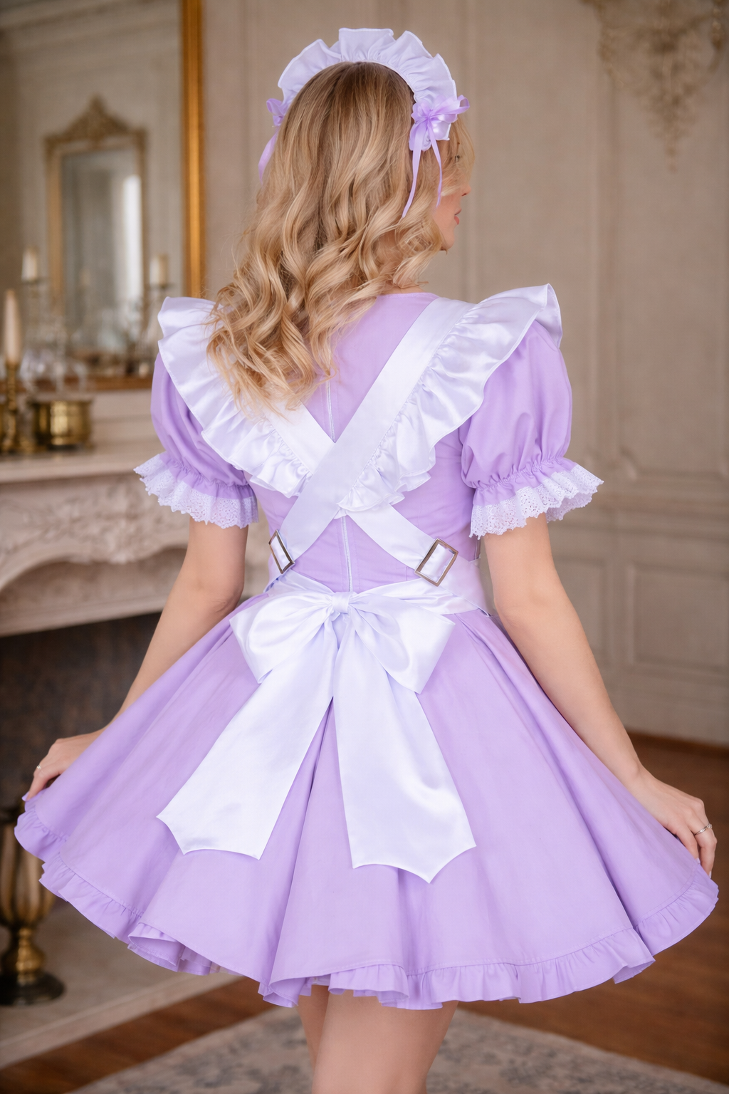 Lilac Cotton Sissy Maid Dress with Apron & Headband Lockable – Custom Made G3881