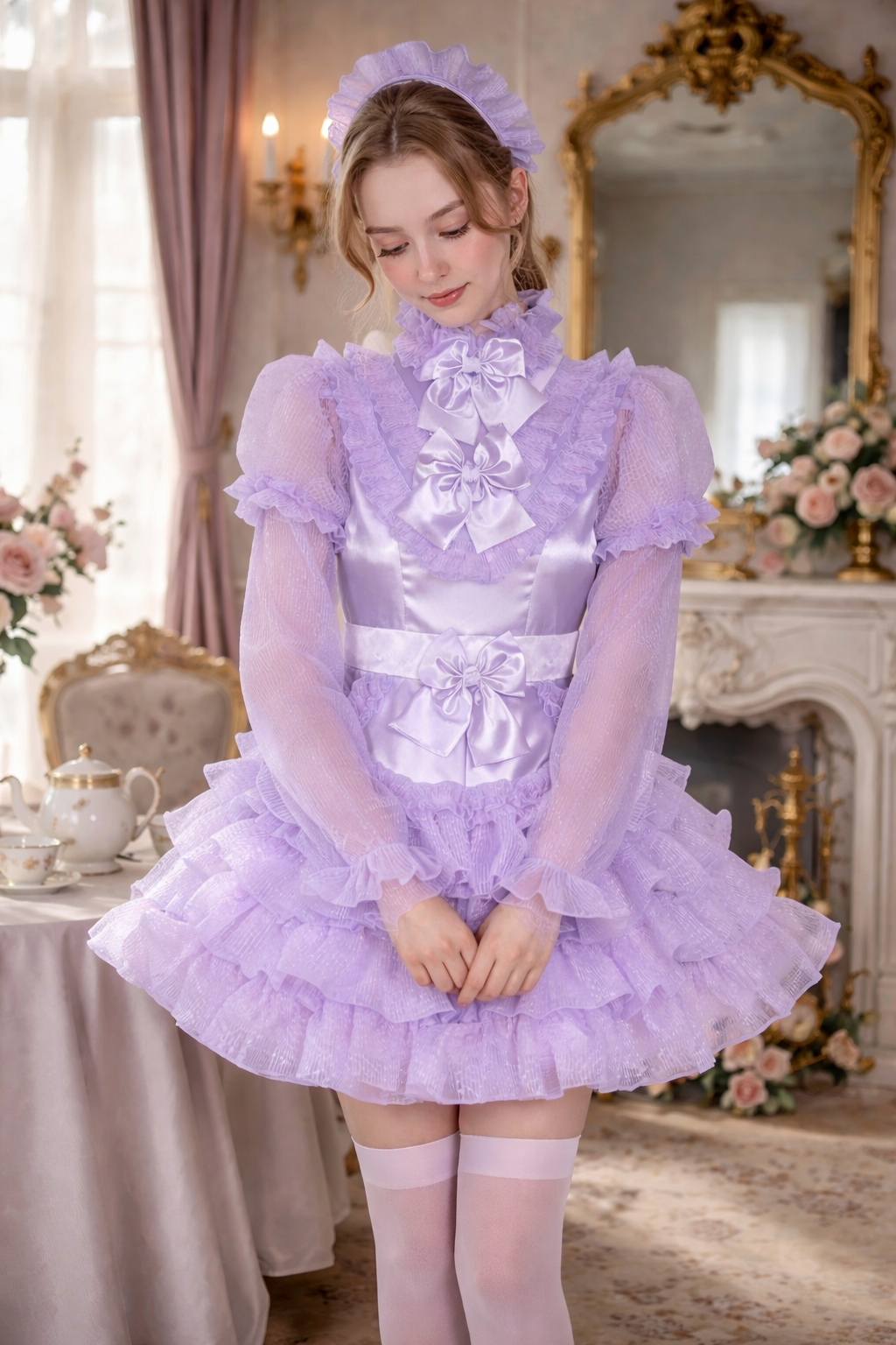 Robe de soubrette Lilas en satin et organza avec tablier et bandeau verrouillable – Sur mesure G3883