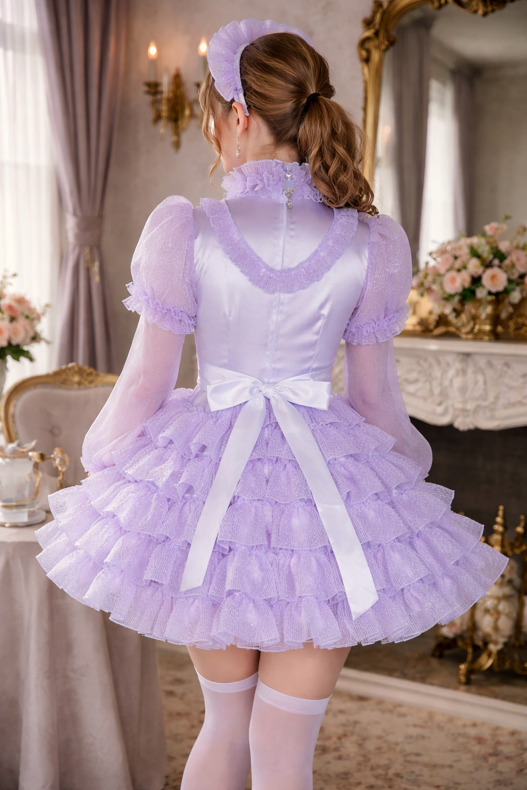 Robe de soubrette Lilas en satin et organza avec tablier et bandeau verrouillable – Sur mesure G3883