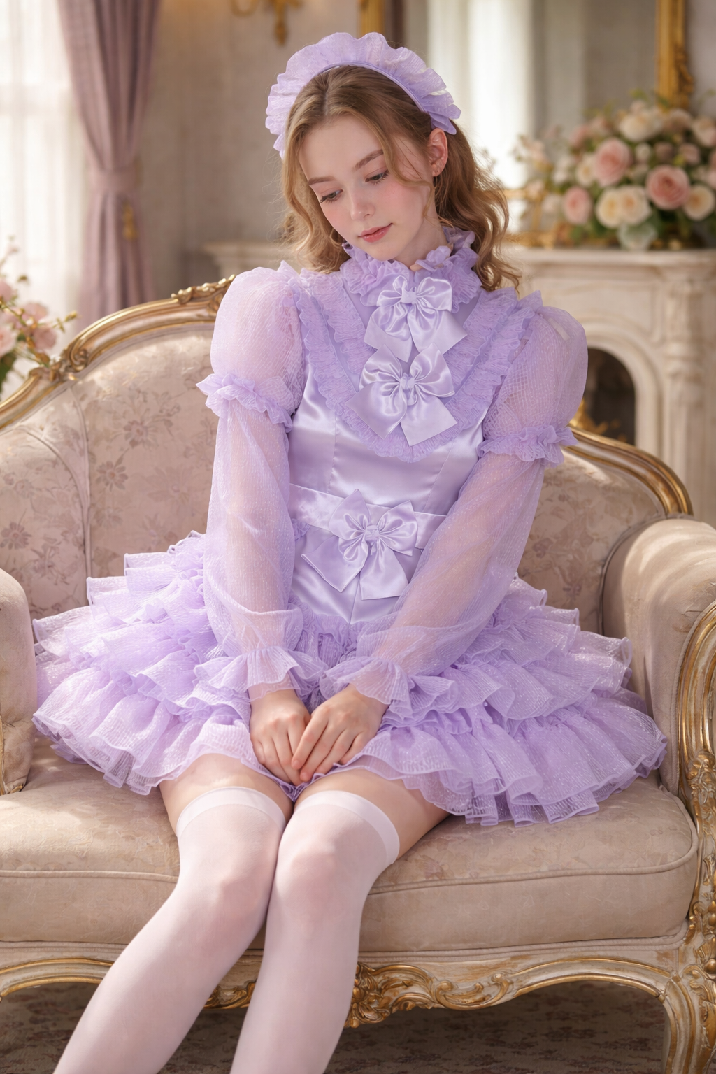 Robe de soubrette Lilas en satin et organza avec tablier et bandeau verrouillable – Sur mesure G3883