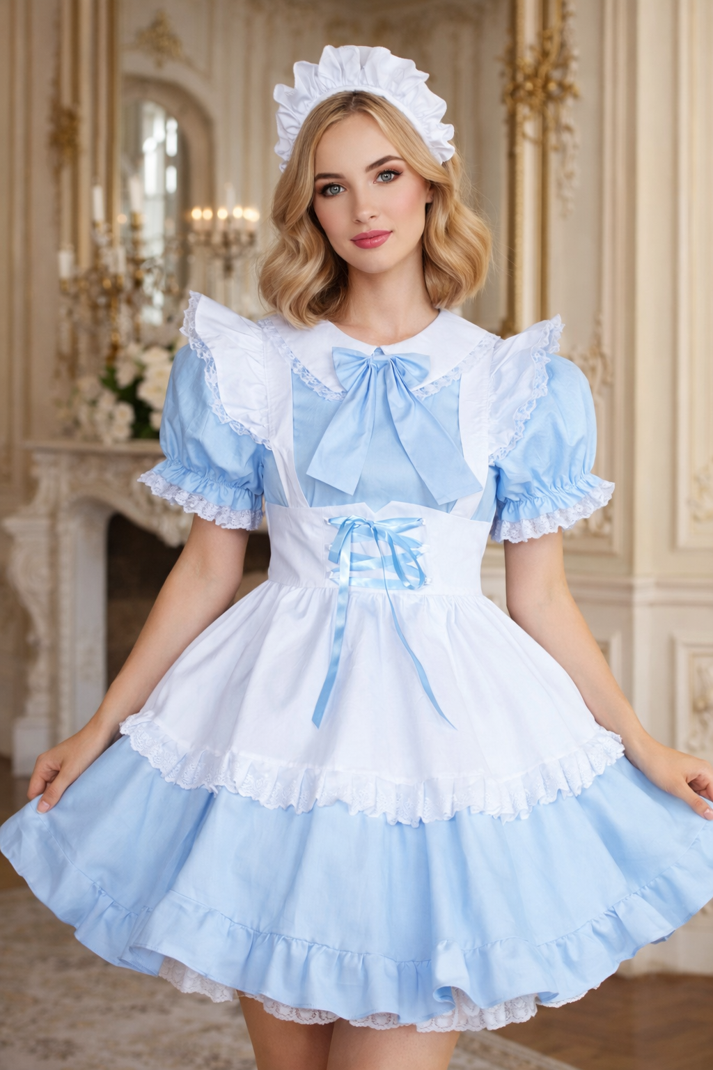 Baby Blue Cotton Sissy Maid Dress with Apron & Headband Lockable – Custom Made G3886