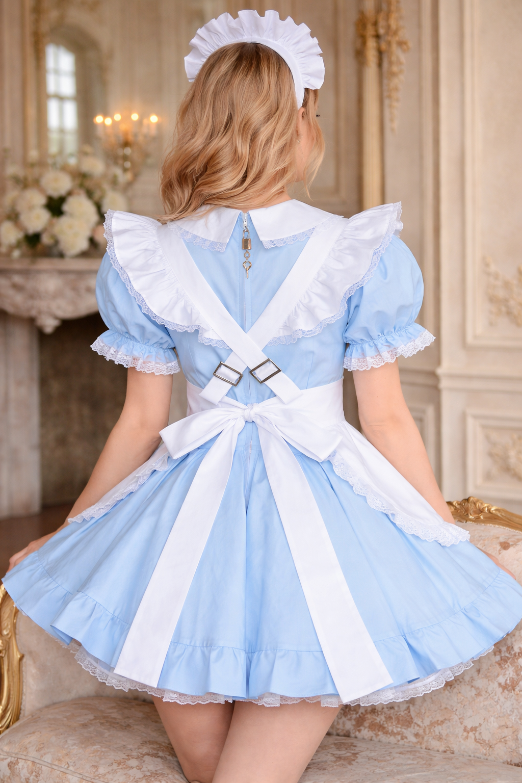 Baby Blue Cotton Sissy Maid Dress with Apron & Headband Lockable – Custom Made G3886