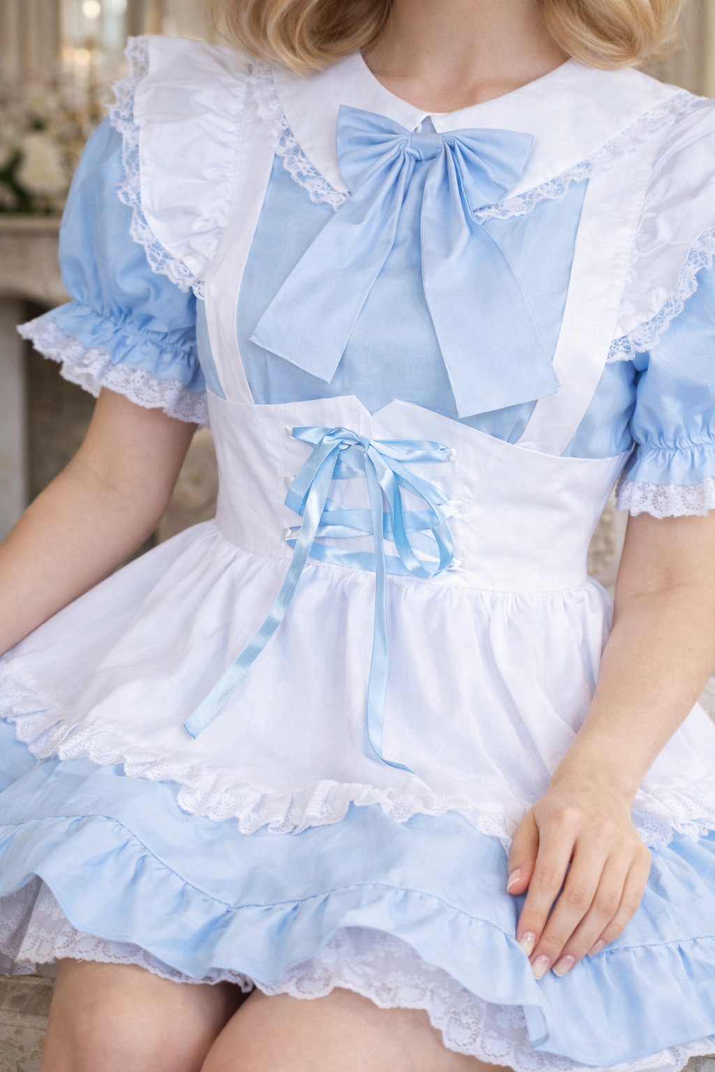 Baby Blue Cotton Sissy Maid Dress with Apron & Headband Lockable – Custom Made G3886