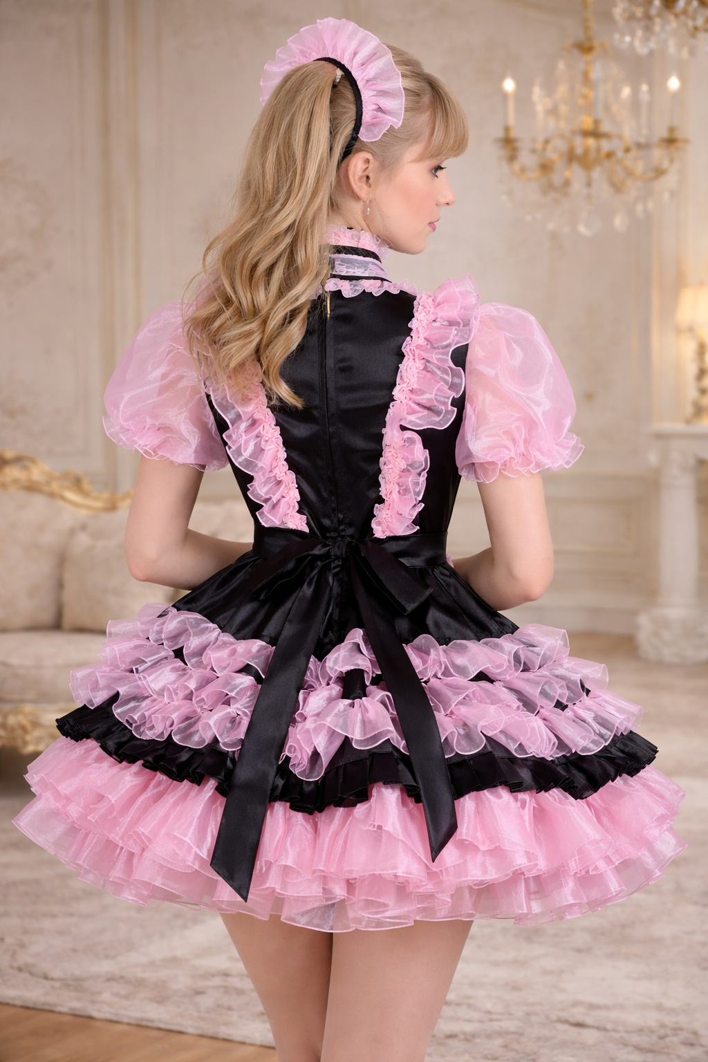 Ensemble robe de soubrette en satin et organza noir et rose avec tablier et coiffe verrouillables – Sur mesure G3898
