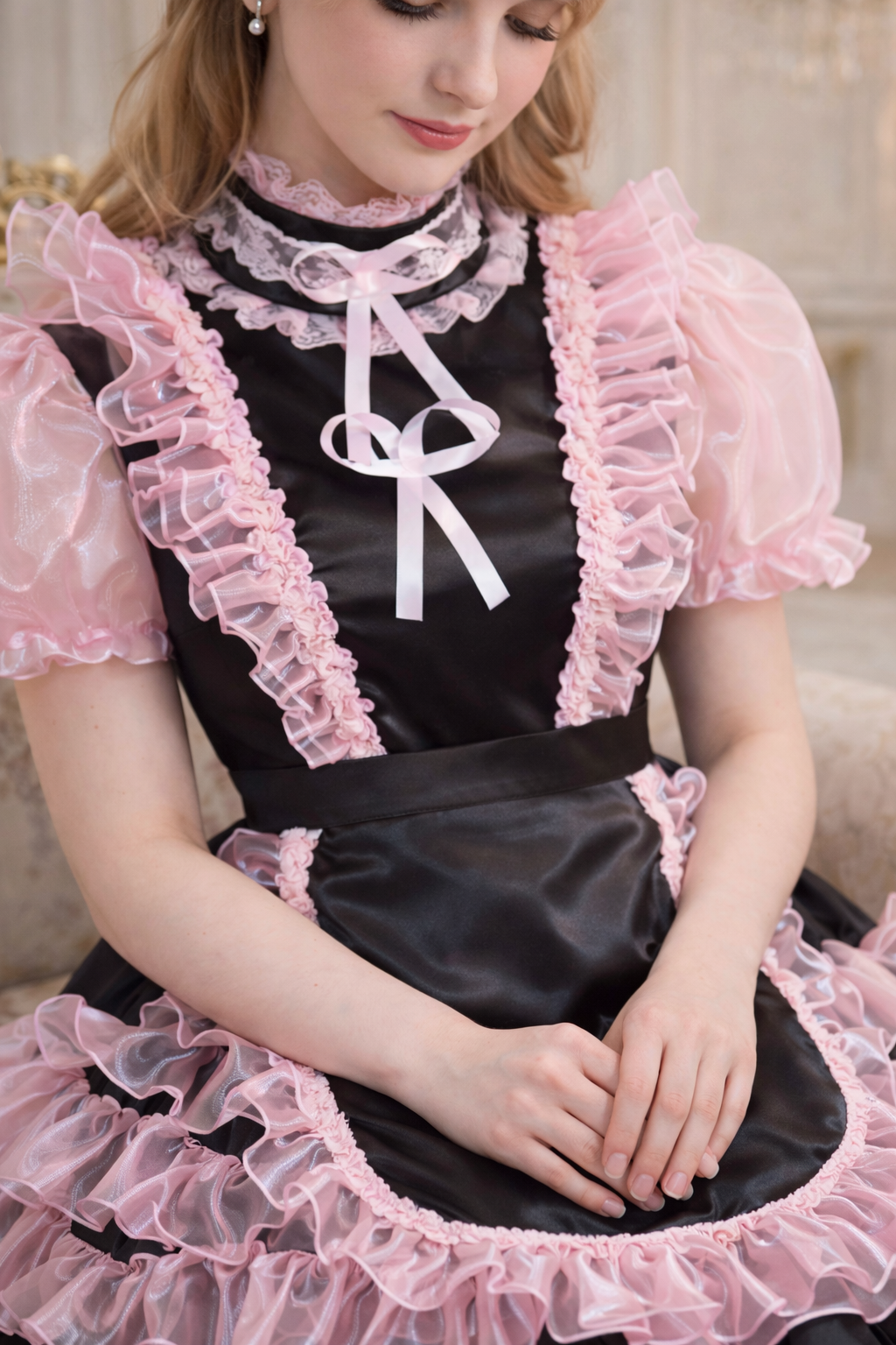 Ensemble robe de soubrette en satin et organza noir et rose avec tablier et coiffe verrouillables – Sur mesure G3898